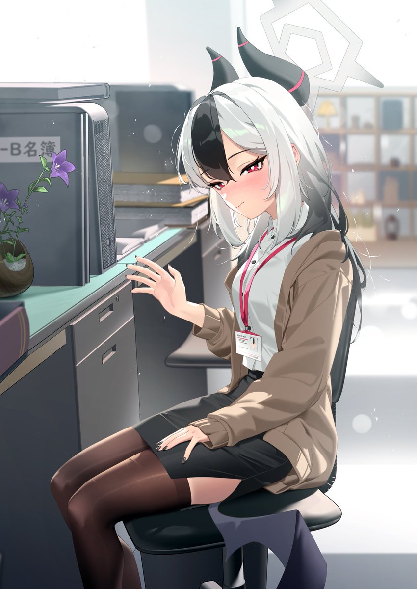 karasu-san (syh3iua83), kayoko (blue archive), blue archive, commentary request, highres, 1girl, alternate costume, alternate hairstyle, black hair, black nails, black skirt, blush, brown jacket, closed mouth, demon girl, demon horns, gradient hair, hair between eyes, hair down, horns, id card, indoors, jacket, long hair, looking at viewer, multicolored hair, office, office lady, shirt, side slit, sidelocks, sitting, skirt, smile, solo, sweatdrop, two-tone hair, white hair, white shirt