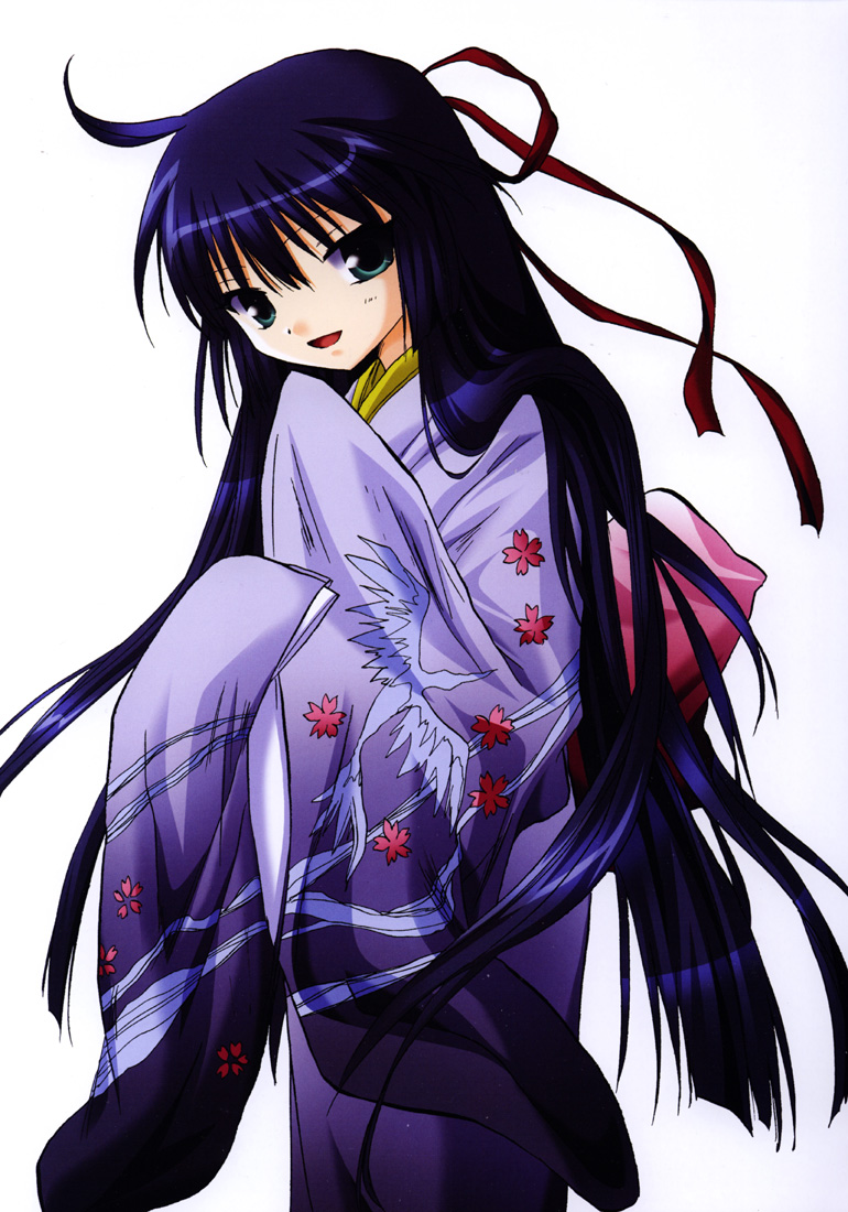 kanan, karasuma chitose, broccoli (company), galaxy angel, 00s, 1girl, :d, ahoge, black hair, female focus, japanese clothes, kimono, long hair, long sleeves, open mouth, simple background, smile, solo, very long hair, white background