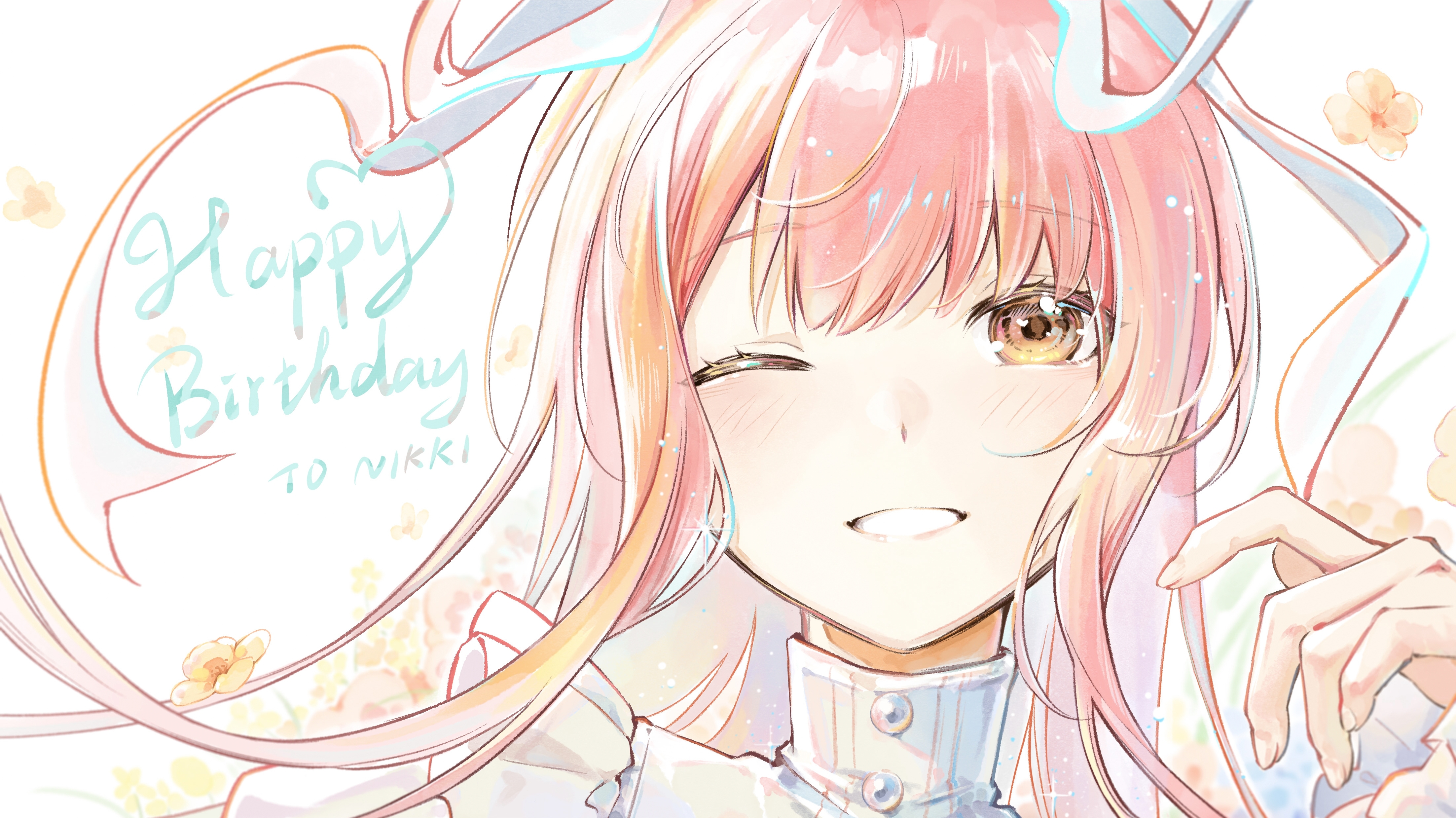 kisaragi 1go, qianyimuthyimu, nikki (nikki), nikki (series), absurdres, commentary request, highres, brown eyes, buttons, dated, dot nose, dress, english text, fingernails, floral background, flower, frilled dress, frills, grin, hair ribbon, hand up, happy, happy birthday, juliet sleeves, large ribbon, long hair, long sleeves, looking at viewer, one eye closed, petals, pink flower, pink hair, portrait, puffy sleeves, ribbon, smile, solo, turtleneck, turtleneck dress, white background, white dress, white ribbon