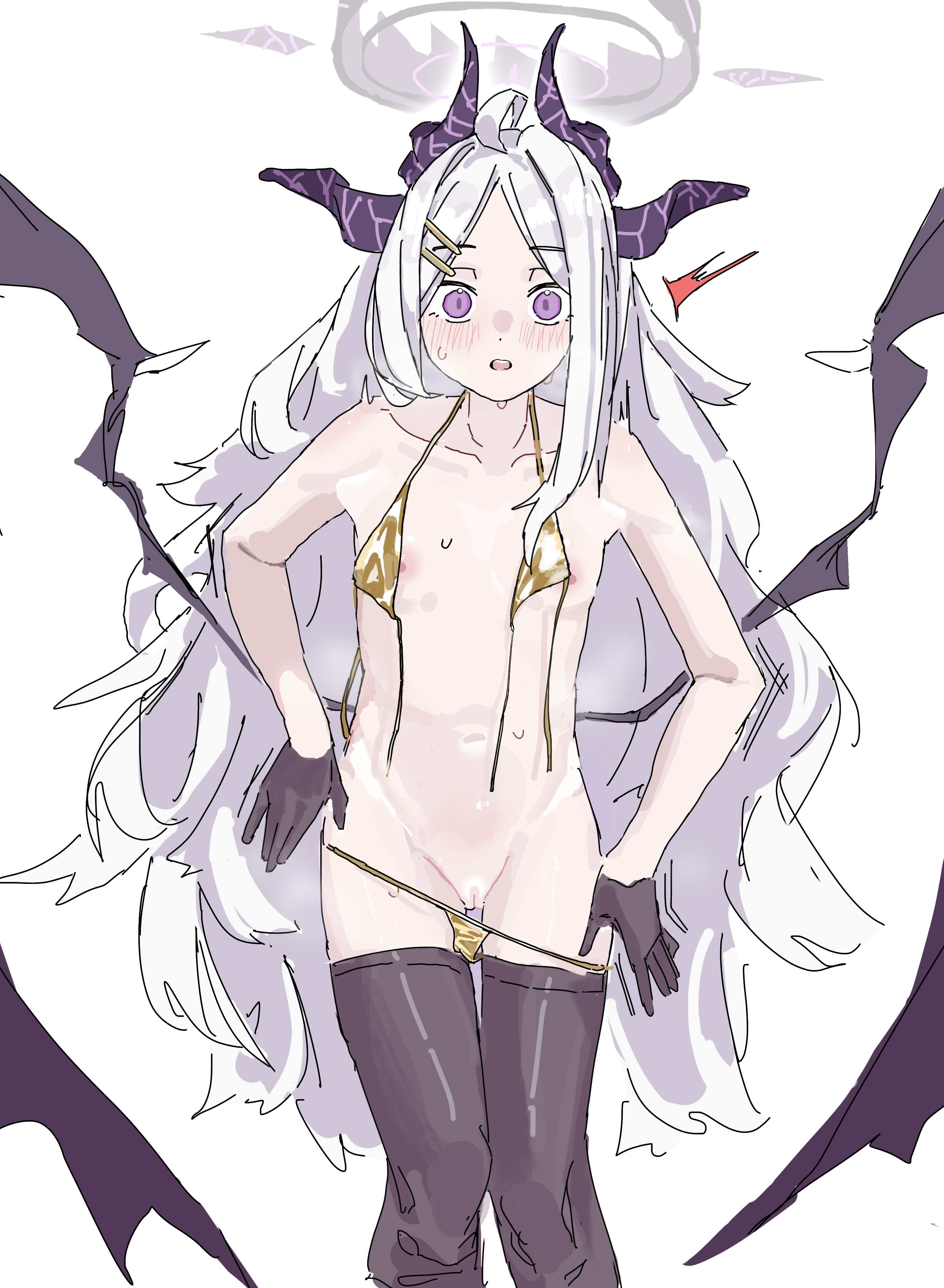 ponpokotan, hina (blue archive), blue archive, absurdres, commentary request, highres, 1girl, ahoge, bikini, bikini bottom pull, black gloves, black thighhighs, cowboy shot, demon girl, demon horns, demon wings, feet out of frame, flat chest, gloves, gold bikini, golden week, hair ornament, hairclip, halo, horns, long hair, looking at viewer, low wings, micro bikini, multiple horns, navel, nipples, open mouth, purple eyes, purple wings, pussy, simple background, solo, standing, surprised, swimsuit, thighhighs, undressing, untied bikini top, very long hair, water drop, white background, white hair, wings