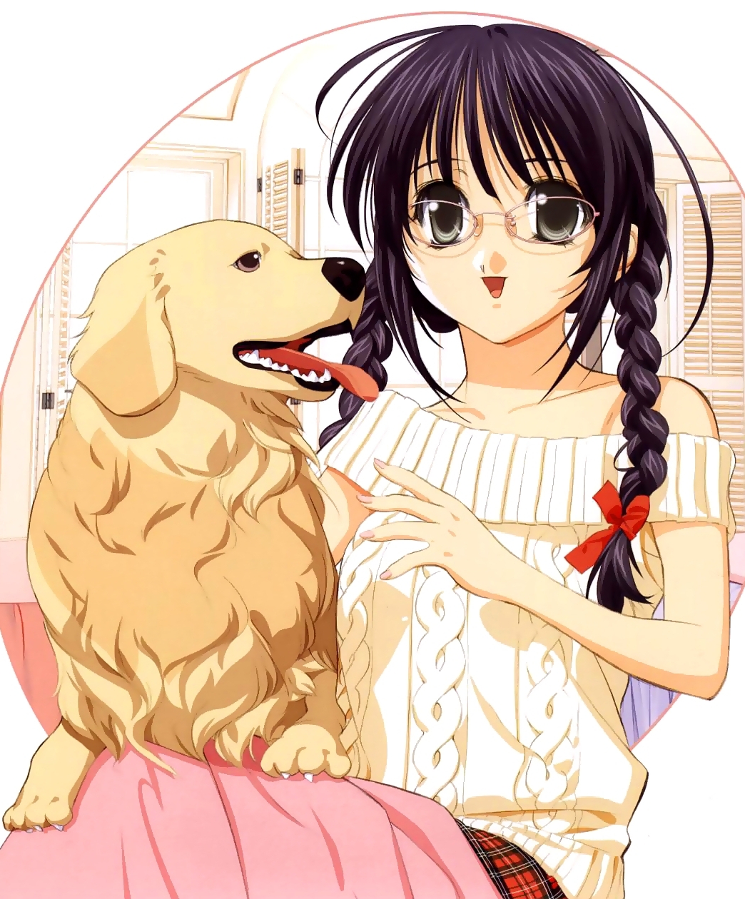tenhiro naoto, marie (sister princess), sister princess, highres, 00s, ahoge, animal, animal on lap, braid, day, dog, glasses, indoors, off shoulder, on lap, plaid clothes, plaid skirt, sitting, skirt, sweater, twin braids, under covers, white sweater, window blinds