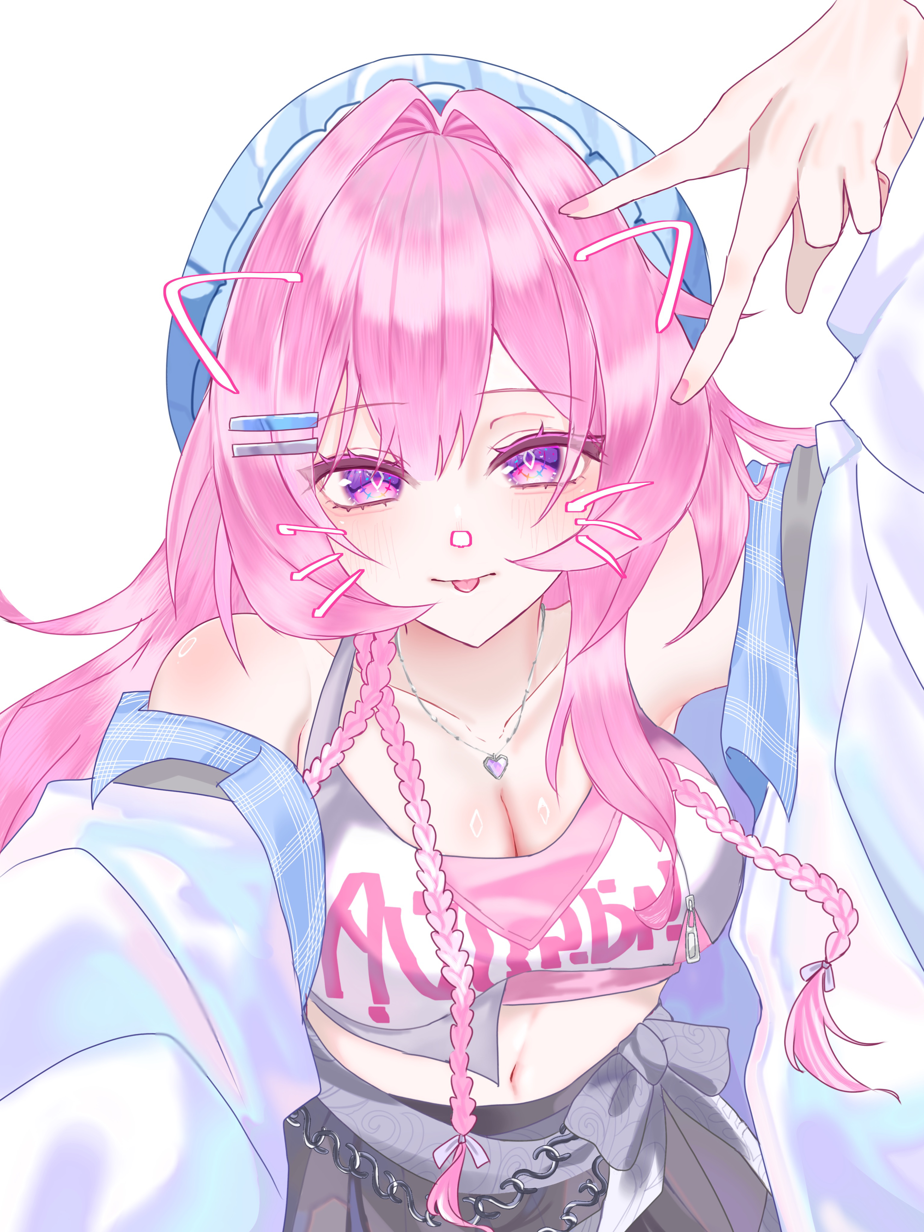 cyrene (honkai: star rail), honkai: star rail, honkai (series), absurdres, commentary request, highres, 0ninj1n, 1girl, bare shoulders, blue hat, blue jacket, breasts, clothes writing, crop top, cyrene (demiurge) (honkai: star rail), cyrene (nylon japan) (honkai: star rail), diamond-shaped pupils, diamond (shape), drawn ears, drawn whiskers, hat, heart, heart necklace, inward v, jacket, jewelry, large breasts, long hair, looking at viewer, midriff, navel, necklace, official alternate costume, pink hair, purple eyes, simple background, solo, symbol-shaped pupils, tongue, tongue out, v, very long hair, white background