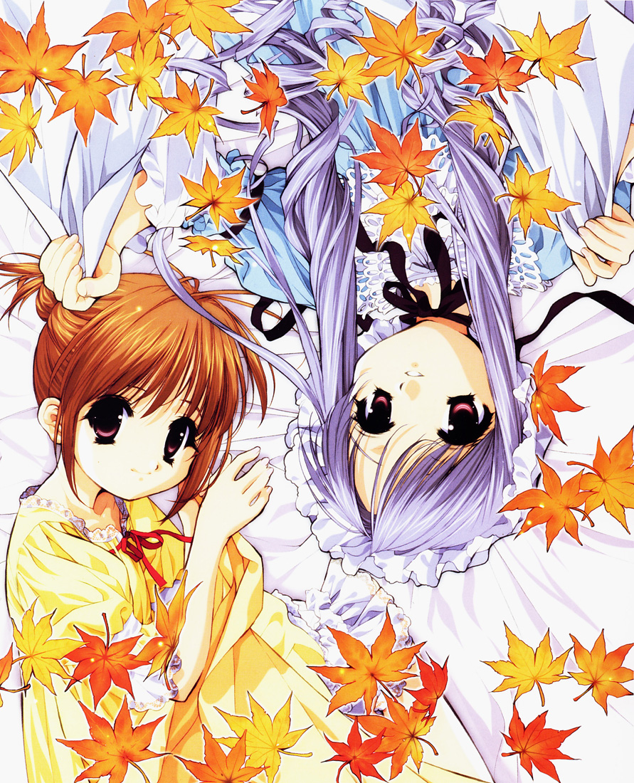 tenhiro naoto, aria (sister princess), hinako (sister princess), sister princess, silver hair, 00s, 2girls, autumn leaves, blush, brown hair, dress, japanese clothes, kimono, leaf, long sleeves, looking at viewer, multiple girls, simple background, upside-down, white background