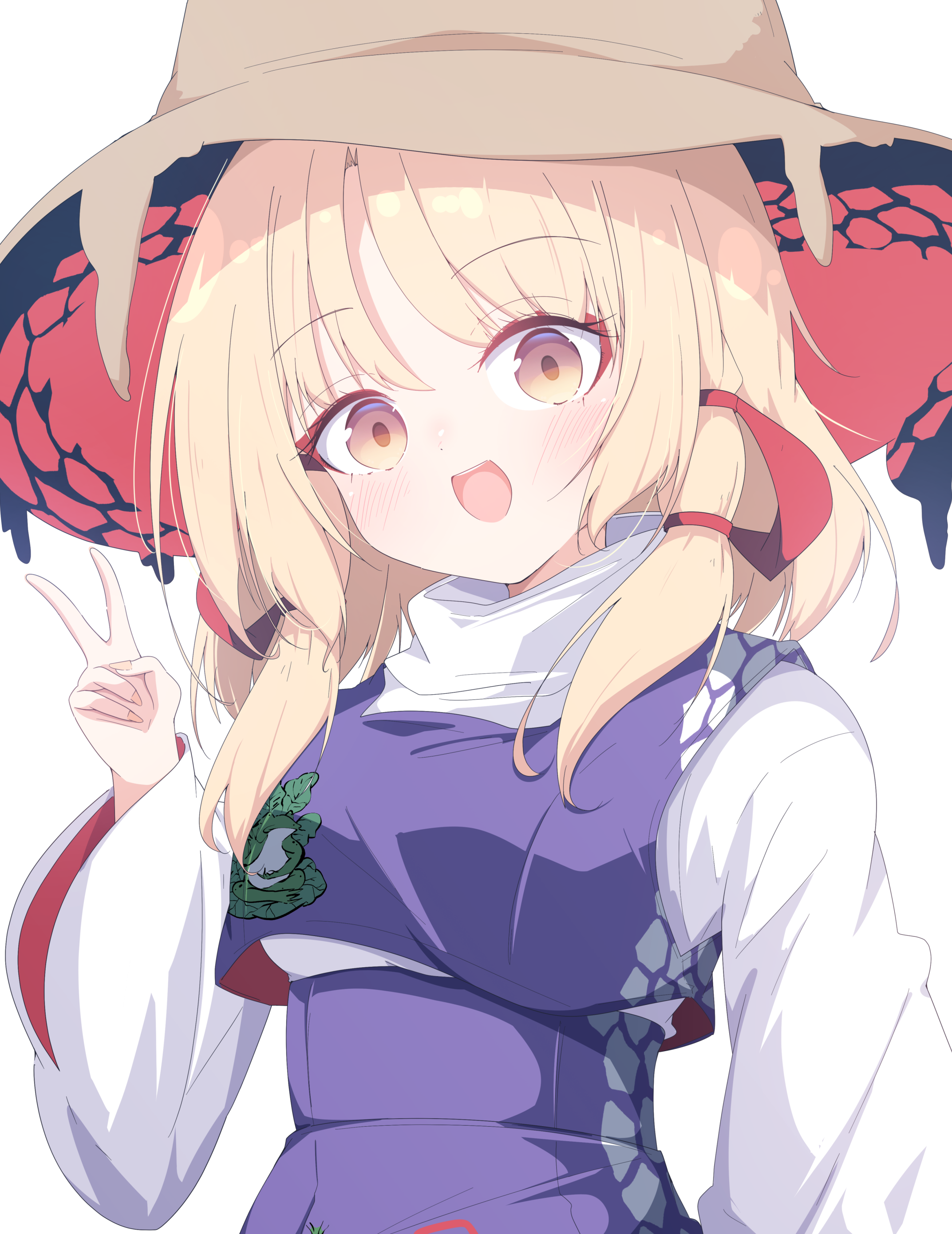 darumoon, moriya suwako, touhou, absurdres, commentary, highres, 1girl, blonde hair, brown hair, hair ribbon, hat, looking at viewer, open mouth, purple skirt, ribbon, shirt, sidelocks, simple background, skirt, solo, v, white background, white shirt, wide sleeves