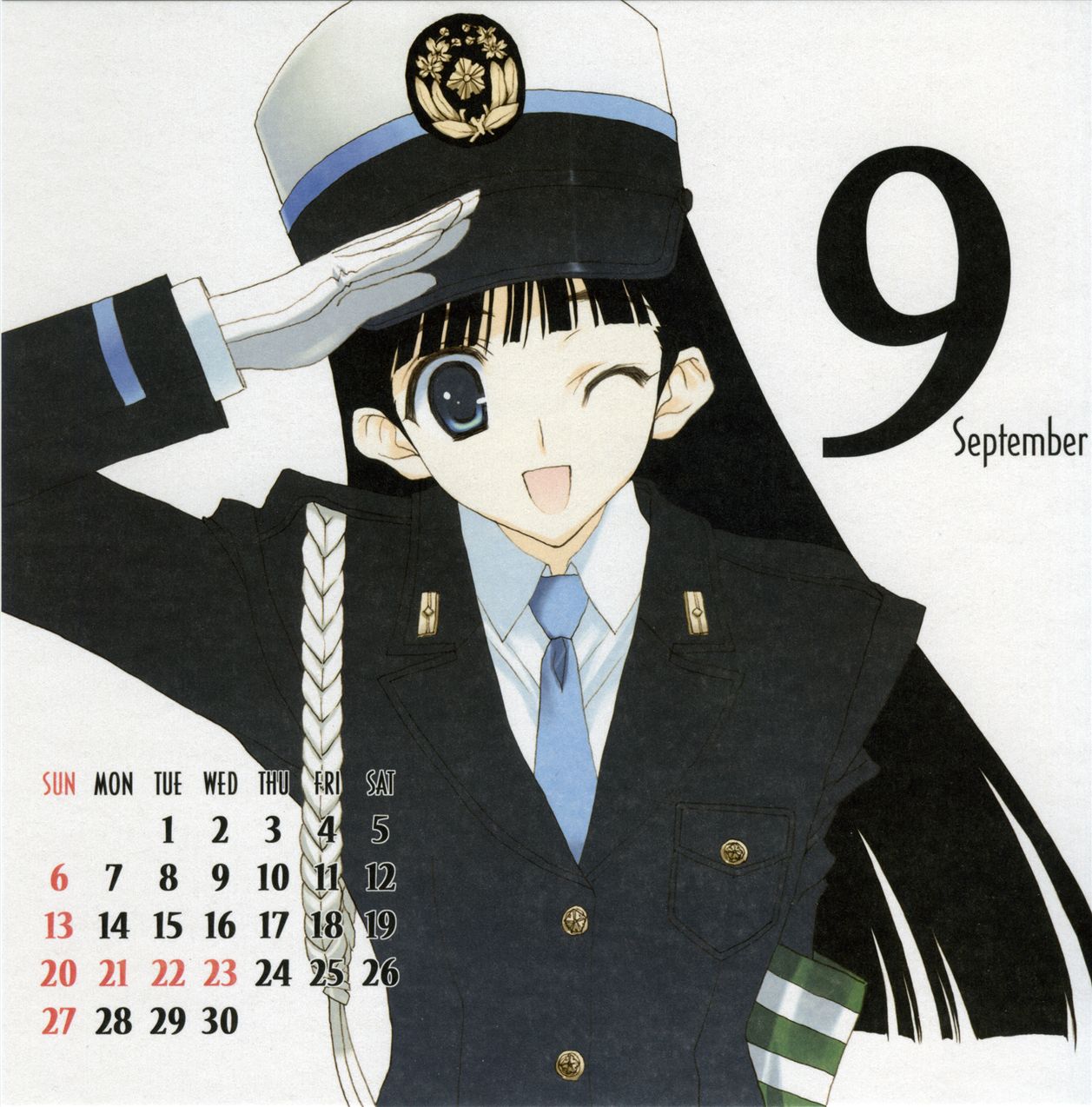 nakamura takeshi, highres, black hair, calendar, one eye closed, police, police uniform, solo, wink