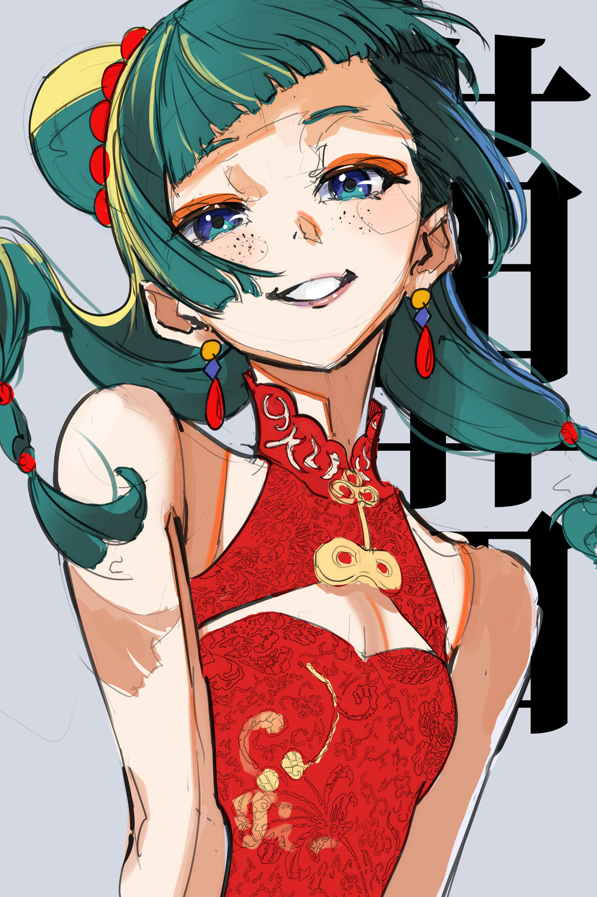 davoxime, maomao (kusuriya no hitorigoto), kusuriya no hitorigoto, commentary, english commentary, highres, 1girl, bare shoulders, blue eyes, china dress, chinese clothes, cleavage cutout, clothing cutout, dress, earrings, freckles, green hair, grey background, hair bun, jewelry, looking at viewer, red dress, sleeveless, sleeveless dress, smile, solo, teeth, twintails
