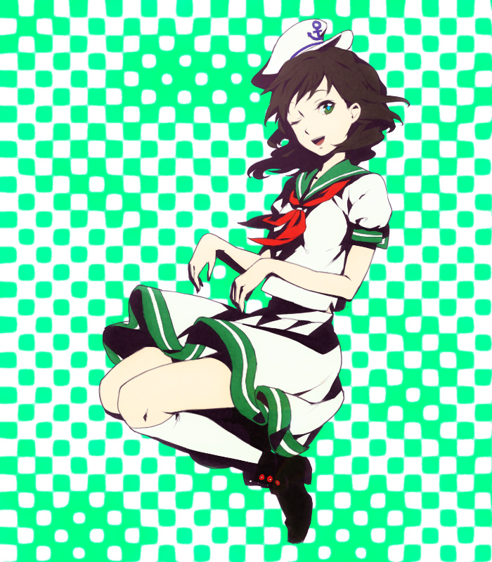 egawa satsuki, murasa minamitsu, touhou, 1girl, anchor, ankle boots, boots, brown hair, dress, female focus, ghost, green eyes, green theme, hat, hood, kneehighs, legs, one eye closed, sailor, sailor collar, sailor dress, sailor hat, short hair, skirt, smile, socks, solo, white socks, wink