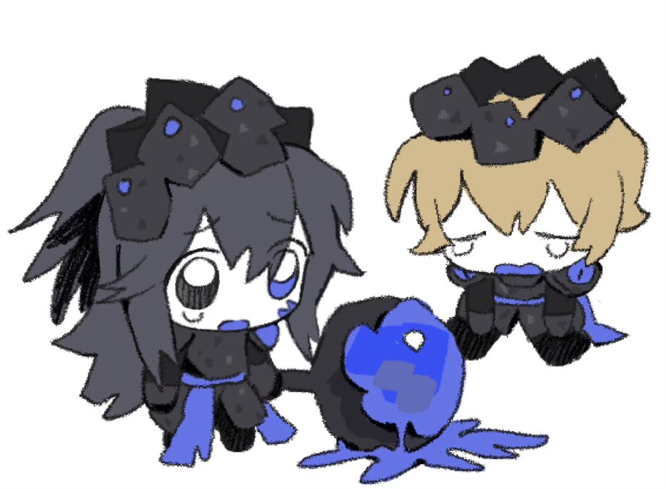 hong lu (project moon), sinclair (project moon), limbus company, project moon, commentary request, 2boys, bakori 555, black crown, black hair, blonde hair, blue eyes, blue sash, cavernous wailing (e.g.o), chibi, chibi only, closed eyes, crown, crying, e.g.o (project moon), half updo, heterochromia, holding, holding mace, holding weapon, long hair, mace, multiple boys, open mouth, sash, sidelocks, very long hair, weapon