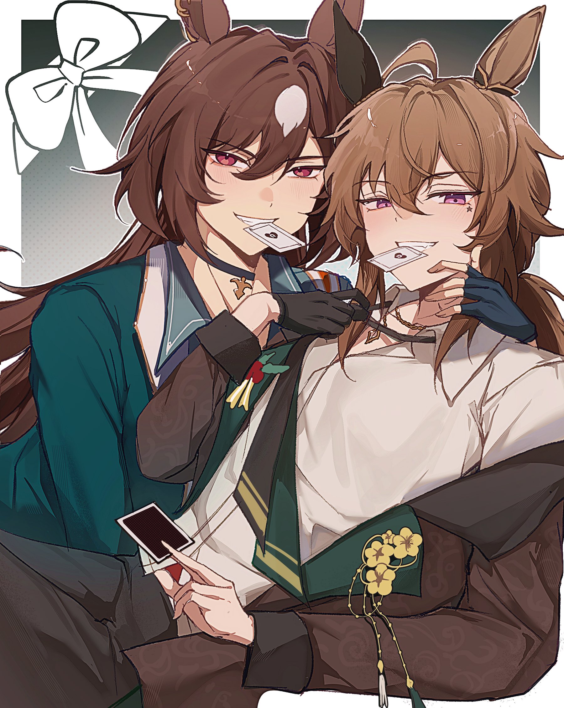 jenn (sinclairfan1), nakayama festa (festival game) (umamusume), nakayama festa (umamusume), sirius symboli (feroce) (umamusume), sirius symboli (umamusume), umamusume, commentary, english commentary, highres, 2girls, ahoge, animal ears, black choker, brown hair, brown jacket, card, choker, collared shirt, fingerless gloves, gloves, green jacket, grin, holding, holding card, horse ears, horse girl, jacket, long hair, looking at viewer, mouth hold, multiple girls, pink eyes, playing card, red eyes, shirt, sidelocks, single glove, smile, white shirt