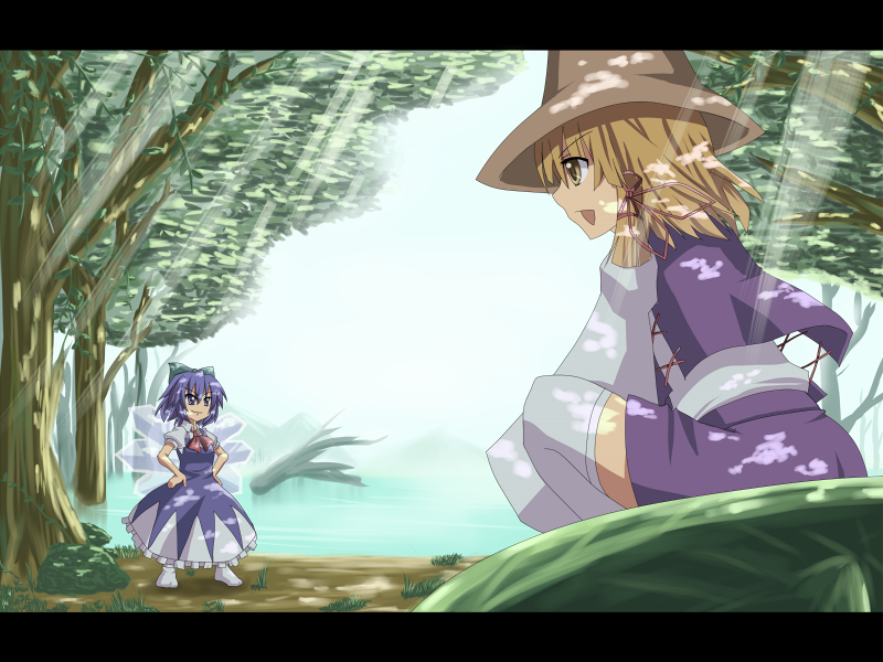 emu ichigo, cirno, moriya suwako, touhou, touhou hisoutensoku, 2girls, blonde hair, blue eyes, blue hair, gameplay mechanics, hat, letterboxed, multiple girls, ribbon, short hair, thighhighs, wings, yellow eyes