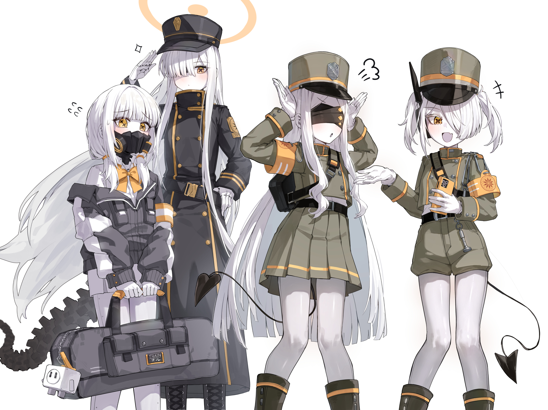 kokukyukeo, aoba (blue archive), ein (blue archive), hikari (blue archive), malkuth (blue archive), nozomi (blue archive), ohr (blue archive), sof (blue archive), blue archive, character request, commentary request, highres, 4girls, aoba (blue archive) (cosplay), armband, black jacket, black shorts, black skirt, blindfold, colored skin, cosplay, demon tail, flying sweatdrops, gloves, hat, hikari (blue archive) (cosplay), jacket, long hair, long sleeves, mask, mechanical tail, miniskirt, multiple girls, nozomi (blue archive) (cosplay), off shoulder, orange armband, pantyhose, peaked cap, pleated skirt, pose imitation, respirator, short hair, short shorts, shorts, skirt, symbol-shaped pupils, tail, triplets, white background, white gloves, white hair, white pantyhose, white skin, x-shaped pupils