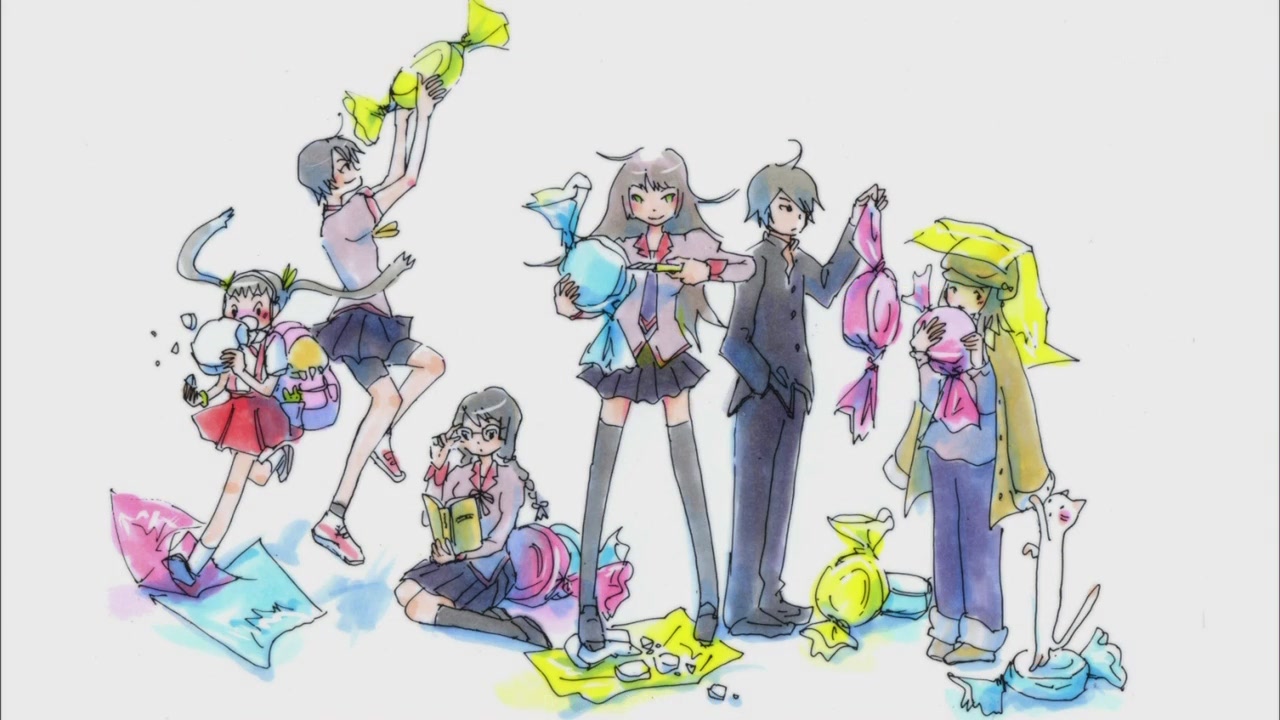 araragi koyomi, hachikuji mayoi, hanekawa tsubasa, kanbaru suruga, sengoku nadeko, senjougahara hitagi, bakemonogatari, monogatari (series), 00s, 1boy, 5girls, ahoge, backpack, bag, black hair, candy, food, glasses, hair ribbon, hat, multiple girls, necktie, randoseru, ribbon, school uniform, short hair, skirt, thighhighs, twintails, zettai ryouiki