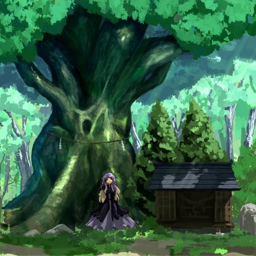 you (pixiv249955), you (shimizu), hijiri byakuren, touhou, bad id, bad pixiv id, lowres, 1girl, cape, female focus, forest, gothic lolita, gradient hair, lolita fashion, long hair, multicolored hair, nature, rope, solo, tree