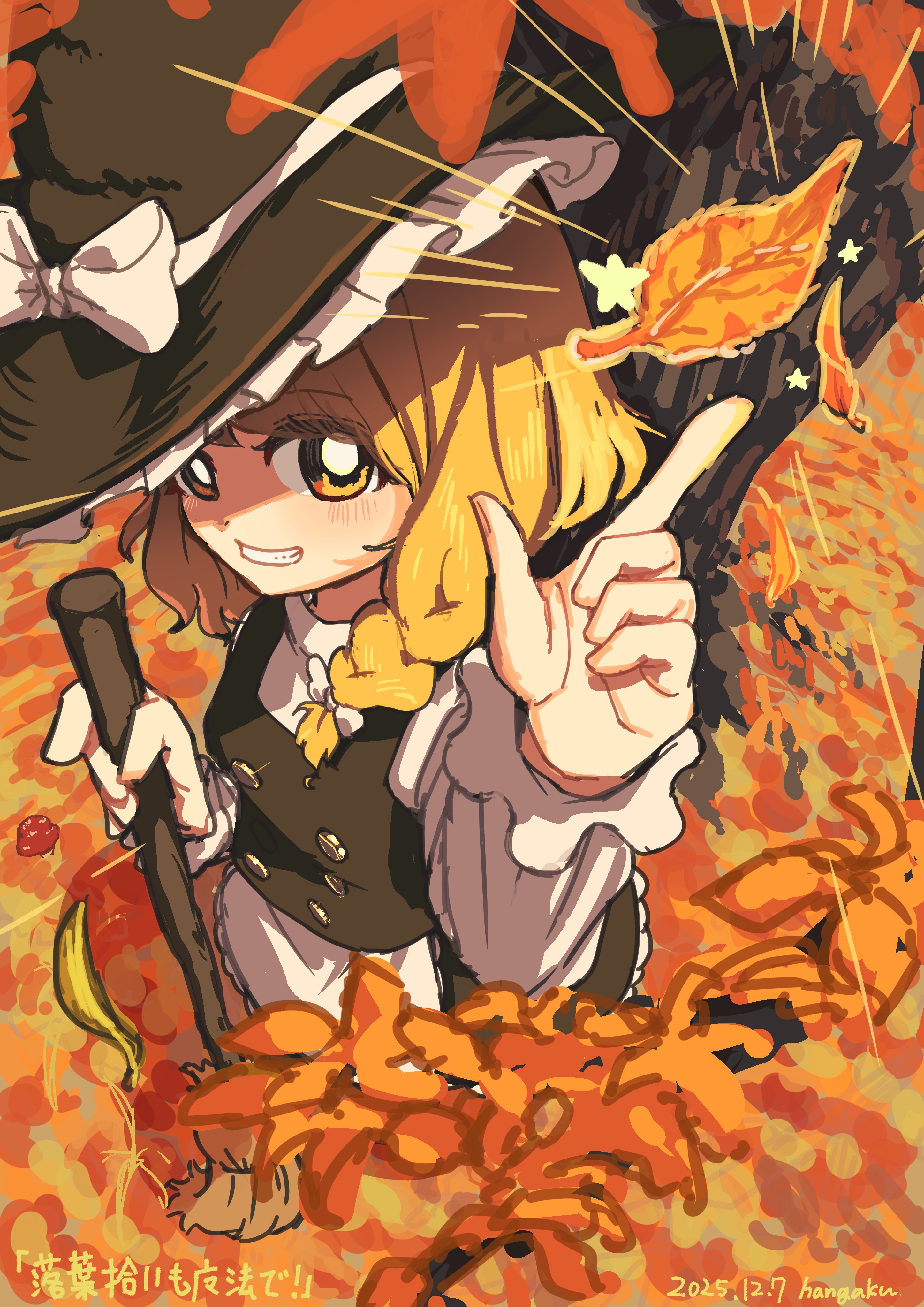 hangaku th, kirisame marisa, touhou, absurdres, commentary request, highres, 1girl, apron, artist name, autumn leaves, black hat, black skirt, black vest, blonde hair, bow, braid, braided sidelock, broom, dated, emphasis lines, falling leaves, frilled skirt, frills, hair bow, hat, holding, holding broom, index finger raised, leaf, long hair, looking at viewer, shirt, skirt, smile, solo, vest, white apron, white bow, white shirt, witch hat, yellow eyes