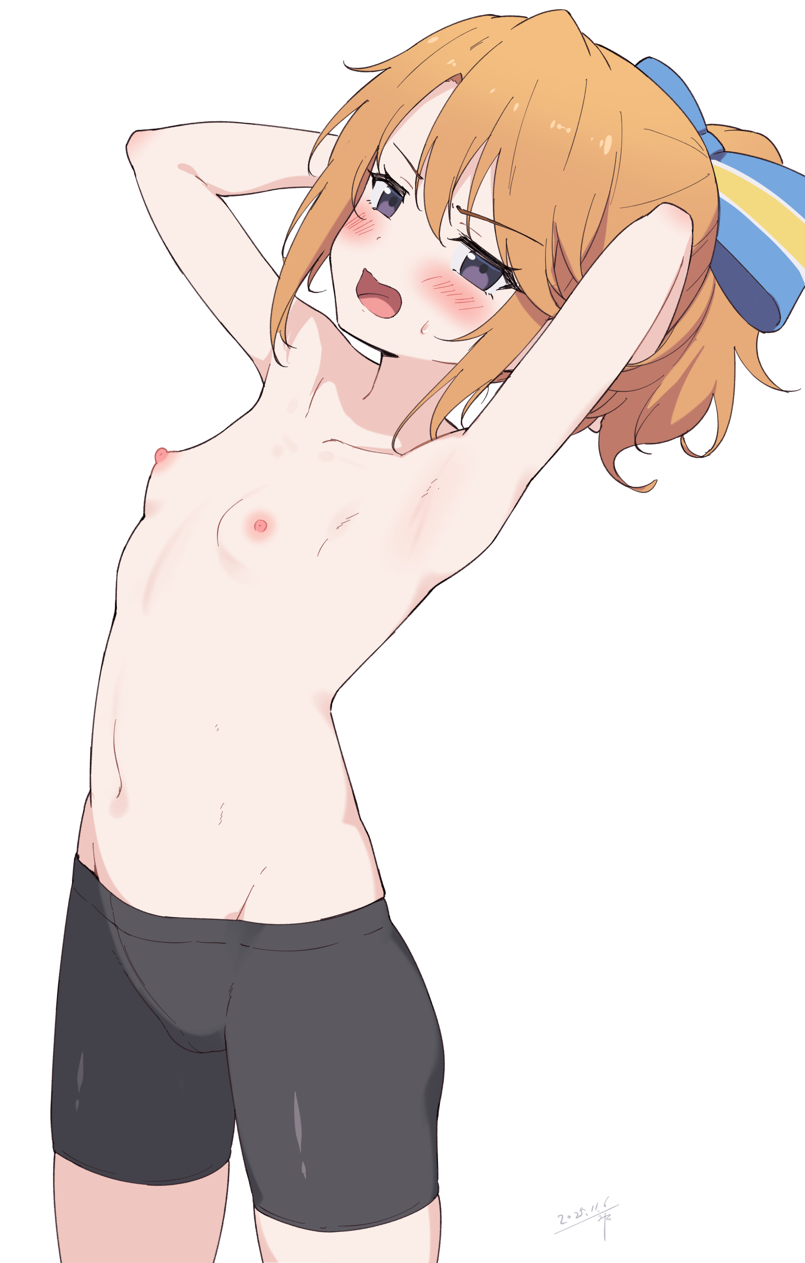 miso (misomiso 154), yuuki haru, idolmaster, idolmaster cinderella girls, absurdres, commentary, highres, 1girl, armpits, arms behind head, arms up, bike shorts, black shorts, blush, breasts, cowboy shot, looking at viewer, navel, nipples, open mouth, orange hair, ponytail, purple eyes, short hair, short shorts, shorts, simple background, small breasts, solo, topless female, white background