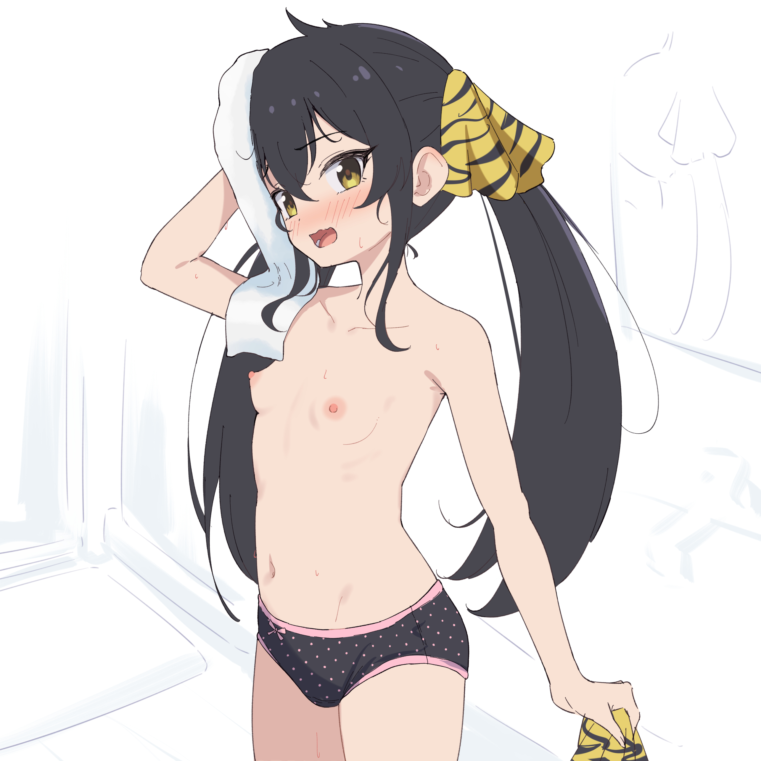 miso (misomiso 154), matoba risa, idolmaster, idolmaster cinderella girls, absurdres, commentary, highres, 1girl, black hair, black panties, blush, bow, bow panties, breasts, collarbone, cowboy shot, drying, drying hair, drying own hair, holding, holding towel, long hair, looking at viewer, navel, nipples, no pants, open mouth, panties, polka dot, polka dot panties, small breasts, solo, topless female, towel, twintails, underwear, underwear only, yellow eyes