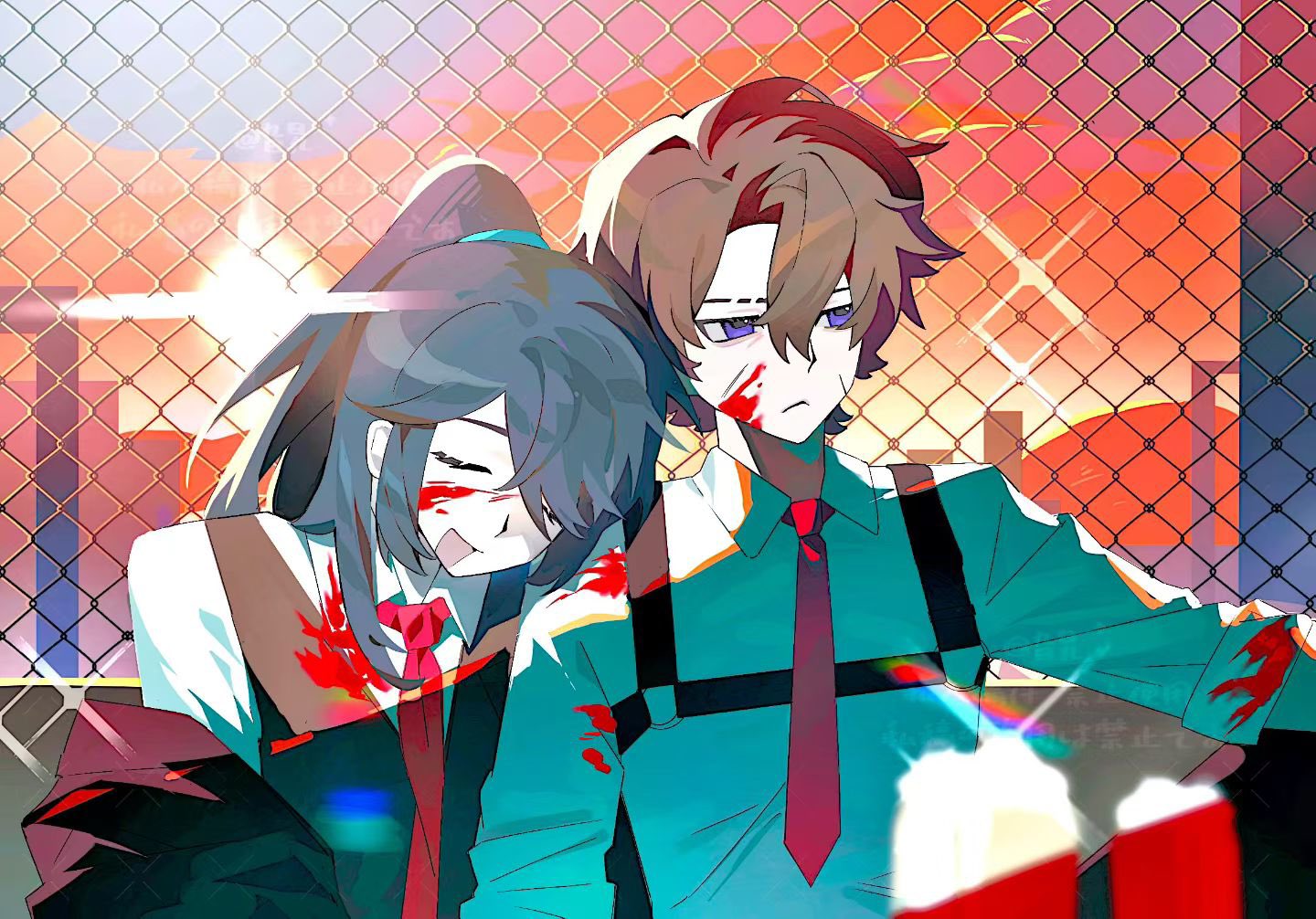 heathcliff (project moon), hong lu (project moon), limbus company, project moon, commentary request, 2boys, alternate skin color, black coat, black vest, blood, blood on clothes, blood on face, brown hair, chain-link fence, chest harness, coat, collared shirt, day, fence, gala9960, harness, head on another's shoulder, multiple boys, outdoors, purple eyes, rooftop, shirt, sitting, sunset, vest, white shirt