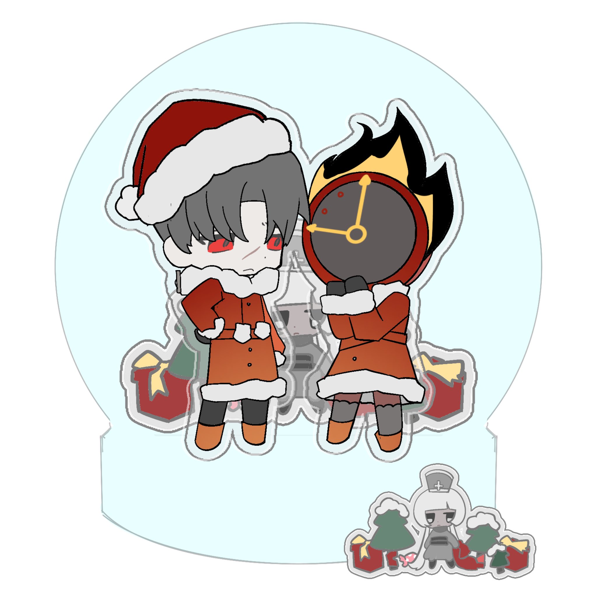 charon (project moon), dante (limbus company), vergilius (project moon), limbus company, project moon, highres, 1boy, 1girl, 1other, belt, black gloves, boots, christmas, clock, coat, colored skin, dress, flaming head, fur-trimmed coat, fur-trimmed dress, fur-trimmed headwear, fur trim, gala9960, gloves, grey hair, grey skin, hat, object head, parted bangs, red belt, red boots, red coat, red dress, red eyes, santa hat, scar, scar on face