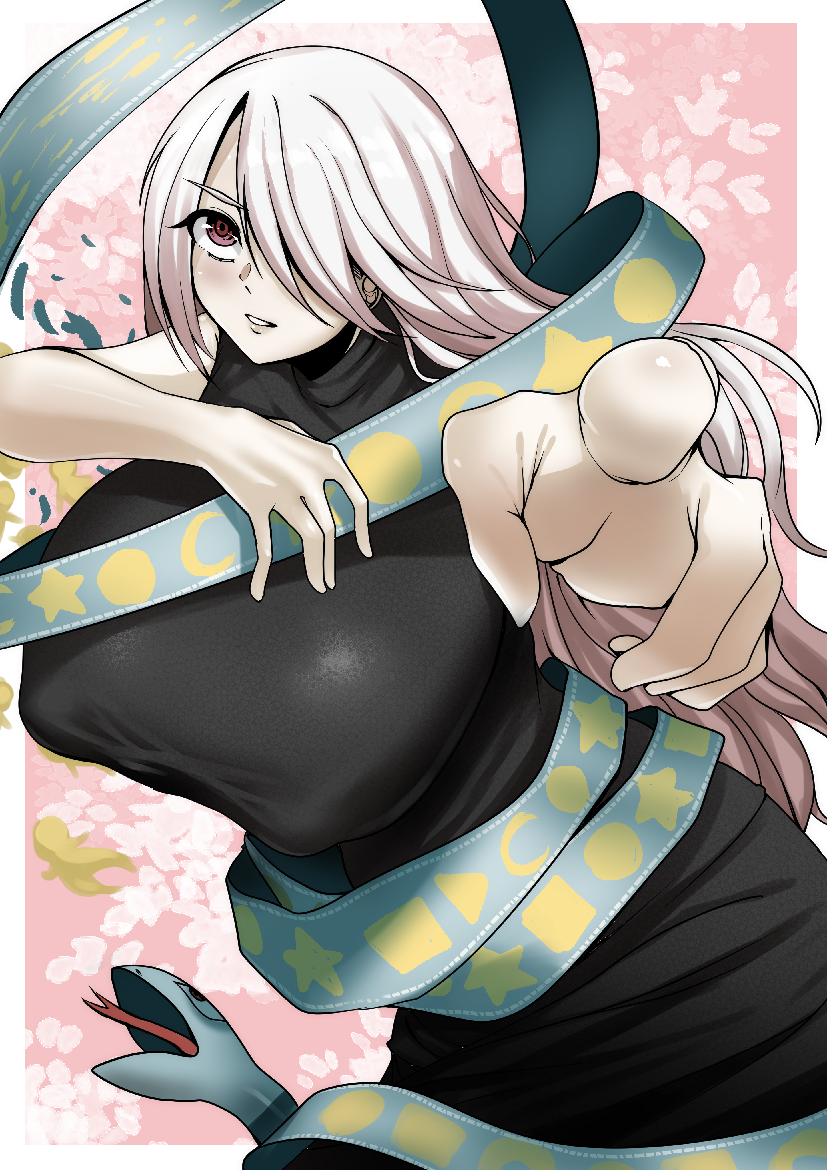 chuzhengxie drawers, yuiman asama, touhou, absurdres, highres, 1girl, black dress, breasts, dress, huge breasts, index finger raised, long hair, one eye covered, pink background, pointing, pointing at viewer, sash, sleeveless, solo, very long hair