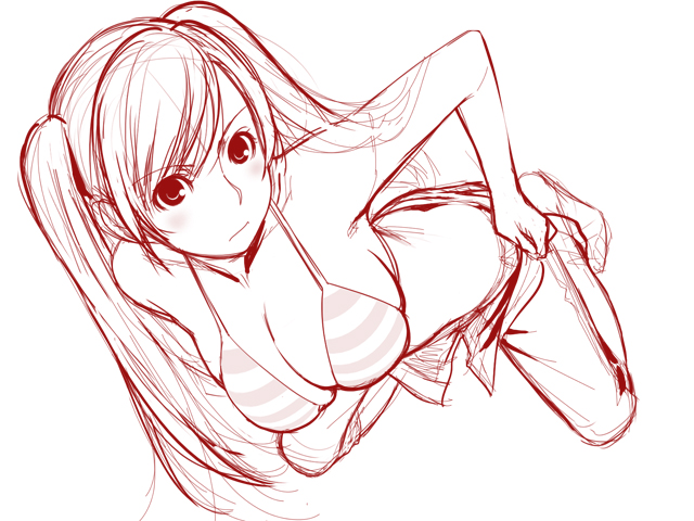 ino (magloid), kousaka rino, otome function, 1girl, angry, bikini, breasts, cleavage, denim, female focus, jeans, large breasts, looking at viewer, monochrome, open fly, pants, red theme, sketch, skindentation, solo, striped bikini, striped clothes, swimsuit, twintails, undressing, unzipped