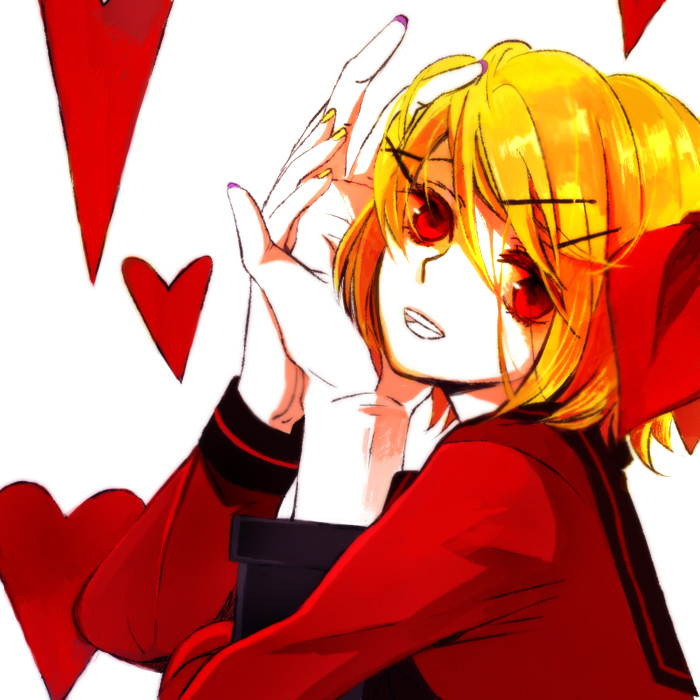 nia (four winds), kagamine rin, vocaloid, blonde hair, hair ornament, hairclip, heart, nail polish, red eyes, short hair, smile, solo