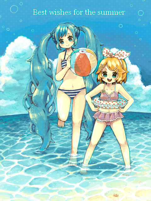 asahi (pamuko), asahi (pixiv280000), hatsune miku, kagamine rin, vocaloid, 2girls, aqua eyes, aqua hair, ball, barefoot, beach, beachball, bikini, blonde hair, day, hair ornament, hair ribbon, hairclip, innertube, long hair, multiple girls, navel, outdoors, polka dot, ribbon, shallow water, short hair, smile, standing, standing on one leg, striped bikini, striped clothes, swim ring, swimsuit, twintails, very long hair, wading, water