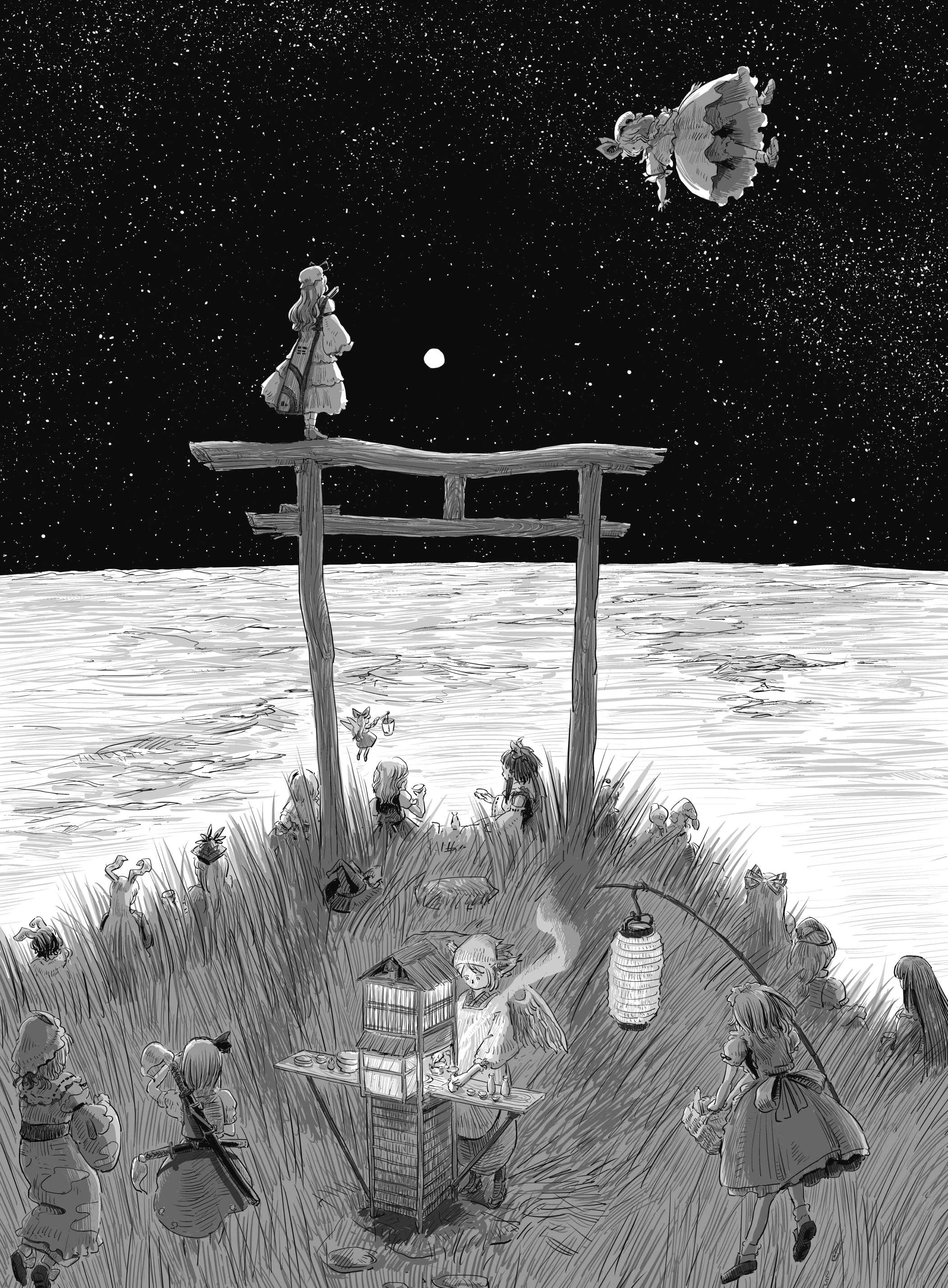 super-flat-world, fujiwara no mokou, hakurei reimu, houraisan kaguya, inaba tewi, kirisame marisa, konpaku youmu, mystia lorelei, reisen udongein inaba, remilia scarlet, saigyouji yuyuko, yakumo yukari, touhou, absurdres, character request, commentary, highres, 6+girls, bow, cup, dress, fire, flying, full moon, greyscale, hair bow, hat, holding, holding cup, holding lantern, japanese clothes, kimono, lantern, long hair, mob cap, monochrome, moon, multiple girls, paper lantern, reeds, sheath, sheathed, sitting, skirt, sky, standing, star (sky), starry sky, sword, tabard, torii, weapon, yakumo yukari (cherry blossom)