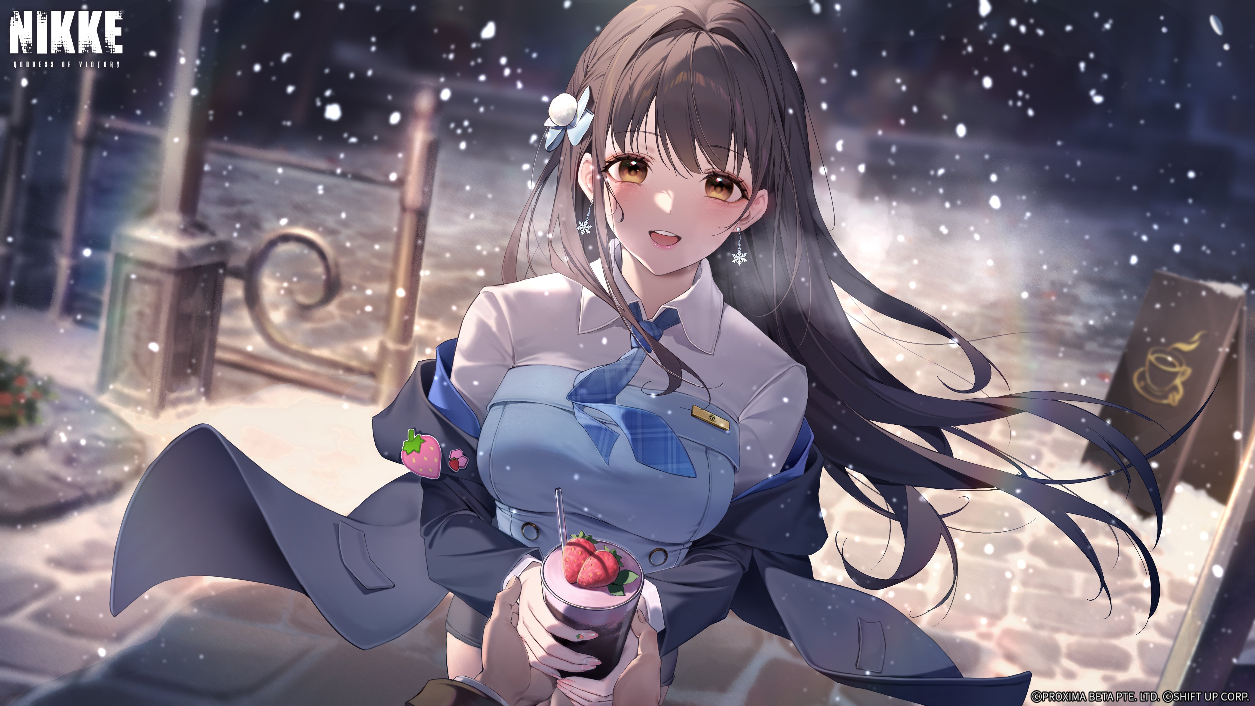 kanon (sinto), commander (nikke), diesel (nikke), goddess of victory: nikke, absurdres, commentary, commentary request, highres, second-party source, 1boy, 1girl, black hair, breasts, brown hair, collared shirt, jacket, large breasts, long sleeves, looking at viewer, night, open mouth, outdoors, shirt, smile, snow, solo, solo focus, standing, white shirt