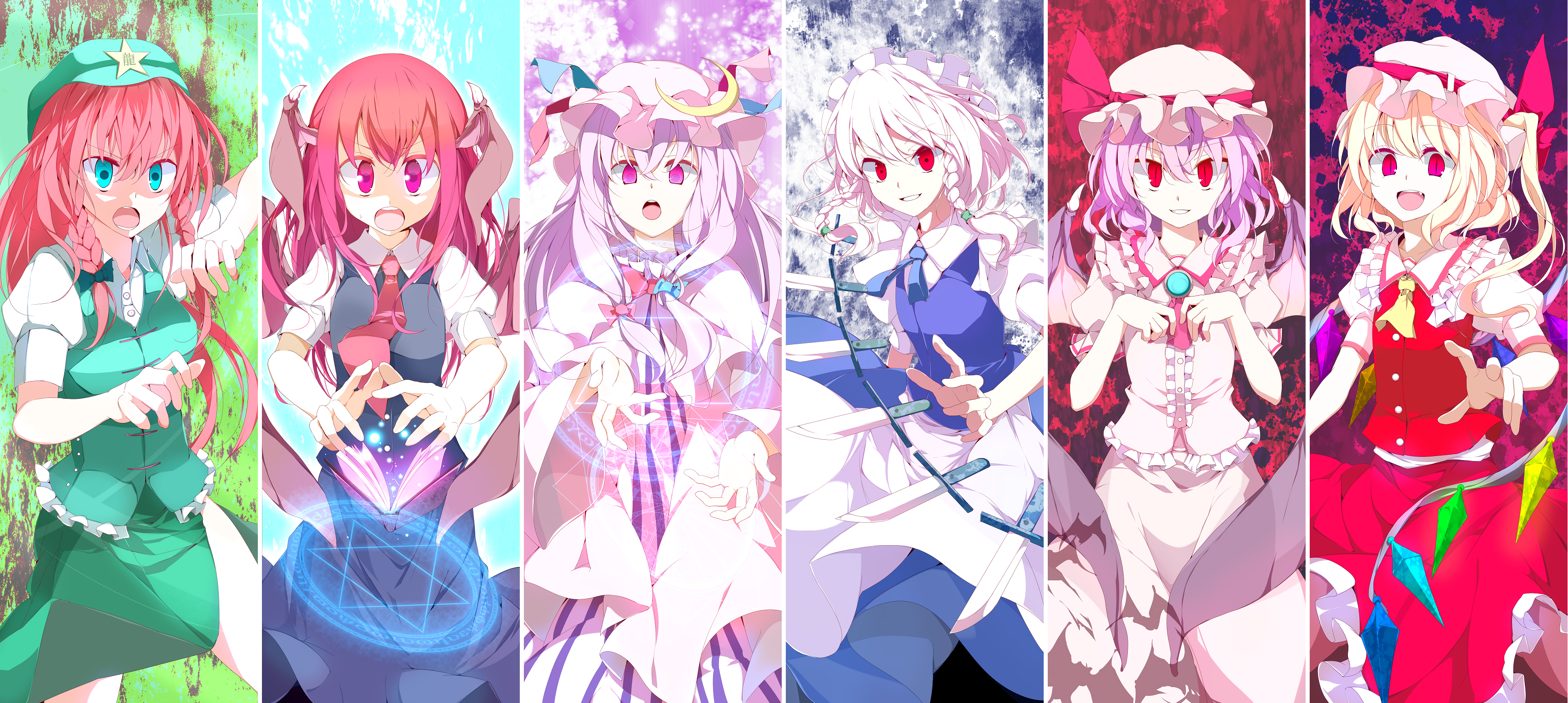 oouso, flandre scarlet, hong meiling, izayoi sakuya, koakuma, patchouli knowledge, remilia scarlet, embodiment of scarlet devil, immaterial and missing power, touhou, silver hair, absurdres, bad id, bad pixiv id, highres, 6+girls, :o, bat wings, blonde hair, book, braid, column lineup, crescent, crescent moon, fang, female focus, green eyes, grin, hat, head wings, hexagram, knife, long hair, magic circle, maid, moon, multiple girls, necktie, one side up, open mouth, purple eyes, purple hair, red eyes, red hair, ribbon, short hair, slit pupils, smile, star (symbol), throwing knife, twin braids, weapon, wings
