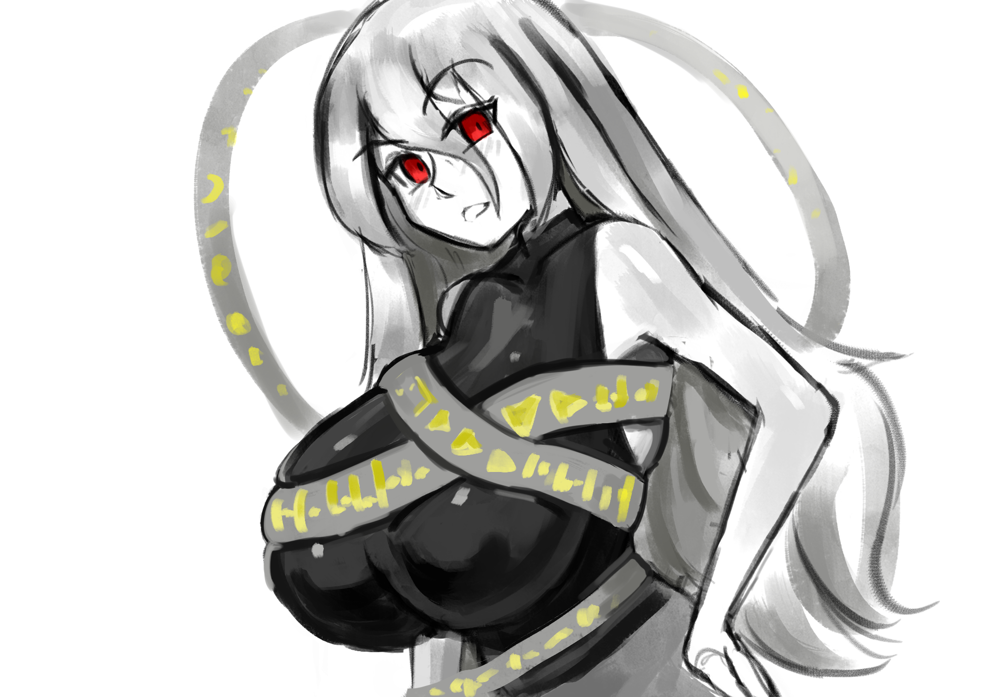 103anon, yuiman asama, touhou, commentary request, highres, 1girl, breasts, grey sash, hand on own hip, huge breasts, long hair, looking at viewer, red eyes, sleeveless, upper body, very long hair, white background, white hair