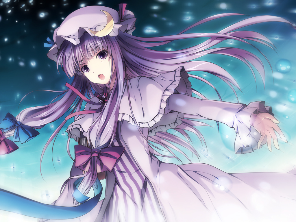 6u (eternal land), kiyu, patchouli knowledge, touhou, bad id, bad pixiv id, md5 mismatch, 1girl, blunt bangs, bow, crescent, female focus, hat, long hair, open mouth, outstretched arms, pink bow, purple eyes, purple hair, ribbon, solo, spread arms