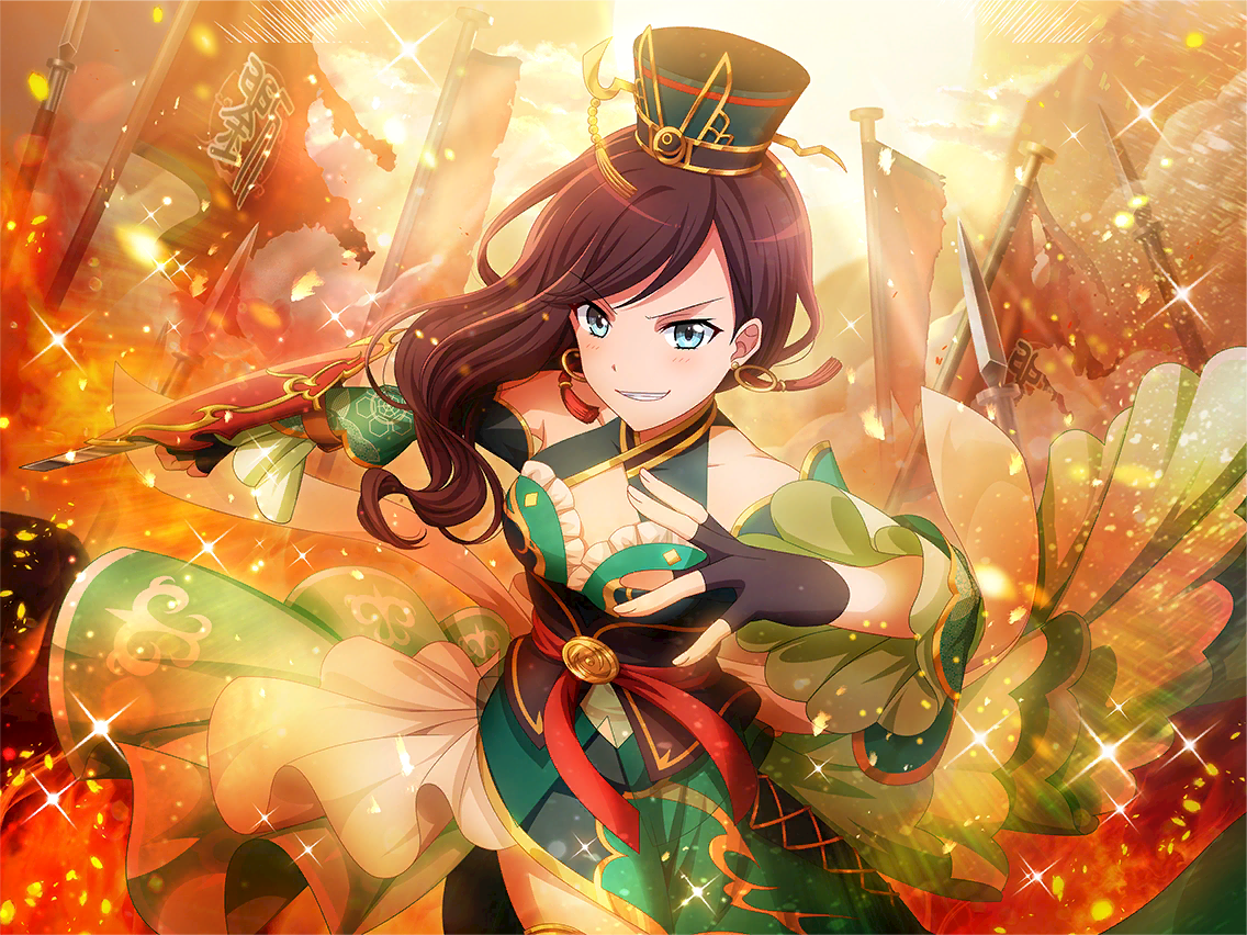 liu bei, yanagi koharu, romance of the three kingdoms, shoujo kageki revue starlight, shoujo kageki revue starlight -re live-, game cg, official art, 1girl, black gloves, blue eyes, brown hair, cosplay, dress, earrings, fingerless gloves, flag, gloves, green dress, green hat, grey hat, hand on own hip, hat, jewelry, liu bei (cosplay), long hair, long sleeves, looking at viewer, polearm, shield, smirk, solo, spear, torn flag, upper body, v-shaped eyebrows, weapon