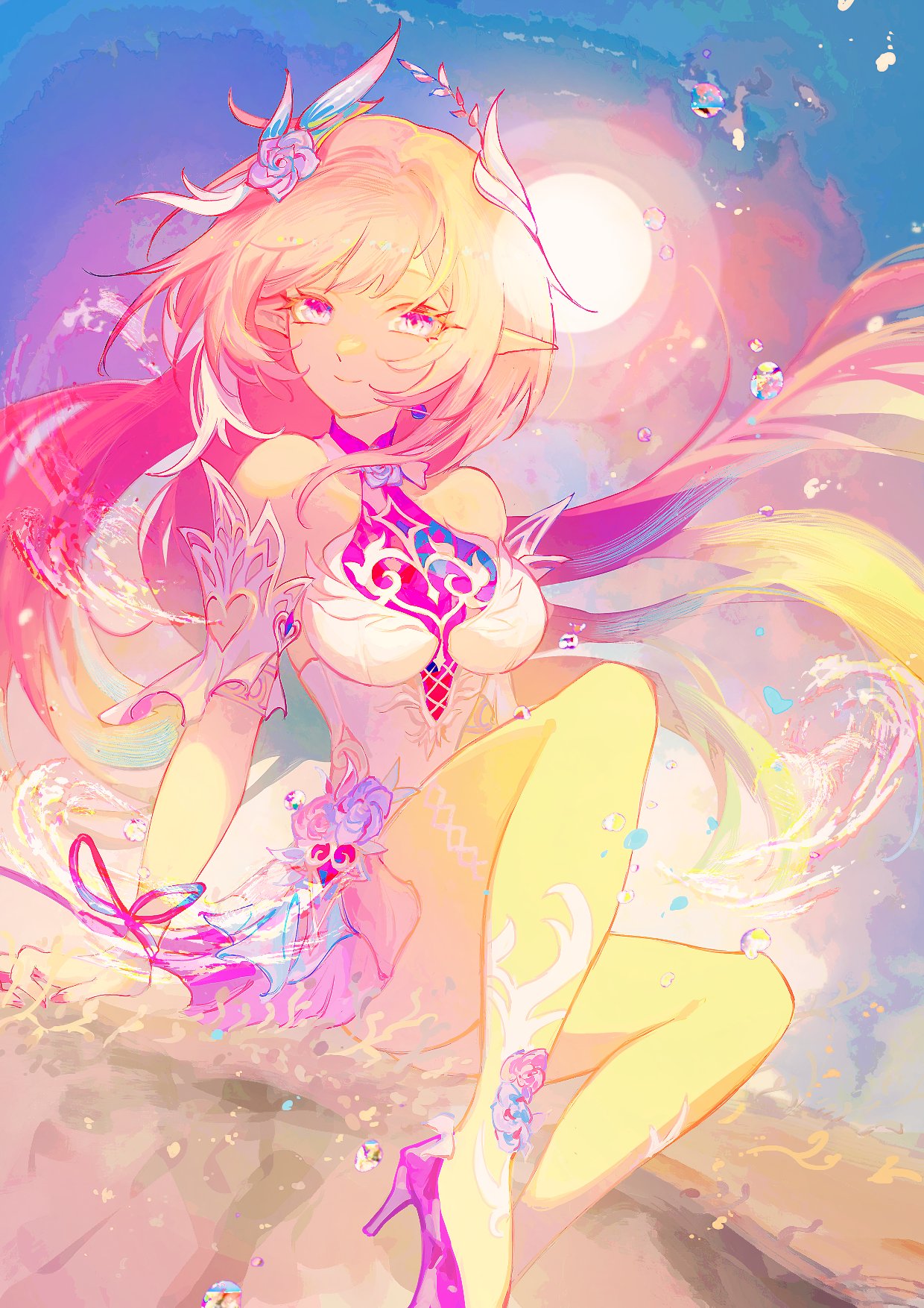 szpw nmh3, cyrene (honkai: star rail), honkai: star rail, honkai (series), commentary, highres, 1girl, bare shoulders, blue sky, breasts, cyrene (demiurge) (honkai: star rail), day, diamond-shaped pupils, diamond (shape), dress, elf, flower, hair flower, hair ornament, high heels, large breasts, long hair, looking at viewer, multicolored hair, pink hair, pointy ears, purple eyes, sky, smile, solo, sun, symbol-shaped pupils, thighs, two-tone hair, very long hair, white dress, white hair