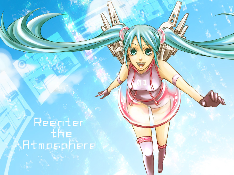 orii (orii i), yuno (pixiv1123766), hatsune miku, vocaloid, bad id, bad pixiv id, 1girl, aqua eyes, aqua hair, female focus, gloves, long hair, skirt, smile, solo, thighhighs, twintails, very long hair