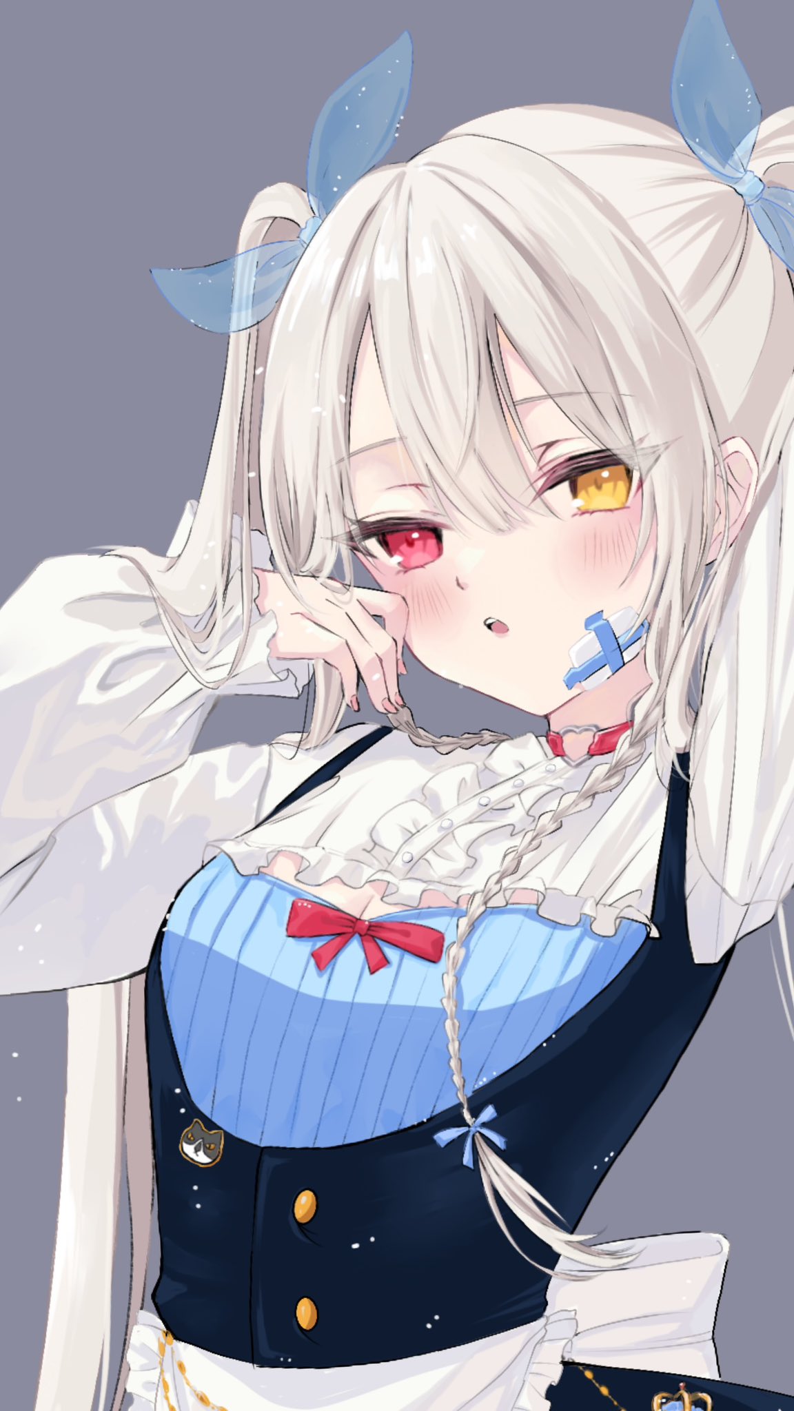 dear arisu, original, commentary, english commentary, highres, 1girl, blue ribbon, blush, braid, breasts, choker, cleavage, cleavage cutout, clothing cutout, double-parted bangs, frilled shirt, frills, gauze, gauze on cheek, gauze on face, grey background, hair between eyes, hair ribbon, hand up, heart, heart choker, heterochromia, long hair, long sleeves, looking at viewer, open mouth, red choker, red eyes, ribbon, shirt, simple background, small breasts, solo, twin braids, twintails, underbust, upper body, white hair, white shirt, yellow eyes