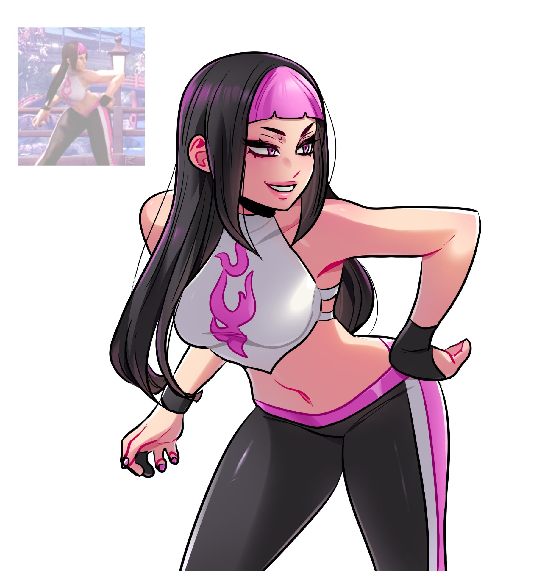 terokich, han juri, street fighter, street fighter 6, hashtag-only commentary, highres, 1girl, black hair, black pants, fingerless gloves, gloves, multicolored hair, navel, pants, partially fingerless gloves, pink hair, simple background, smile, solo, white background