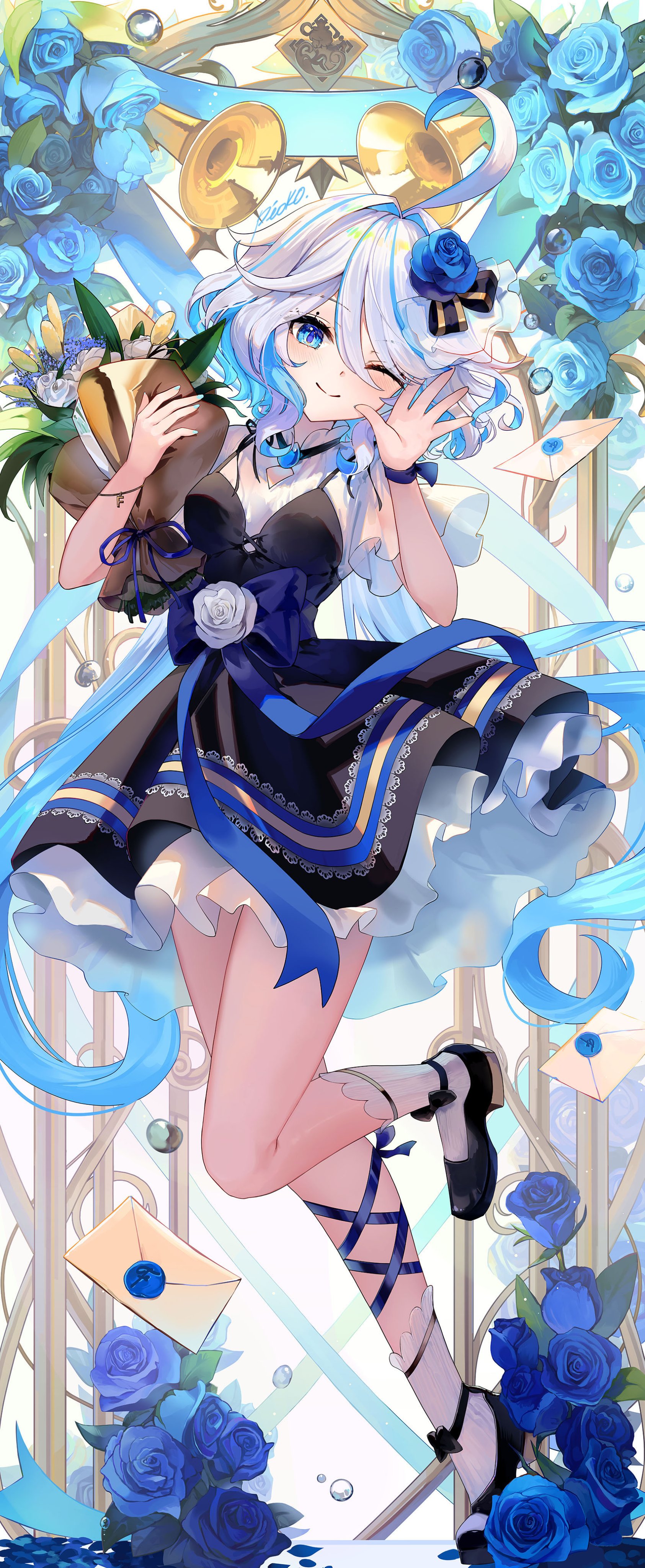 pioko, furina (genshin impact), genshin impact, absurdres, commentary request, highres, 1girl, alternate costume, black shoes, blue eyes, blue hair, bouquet, closed mouth, dress, drop-shaped pupils, floating hair, flower, full body, grey hair, hair between eyes, holding, holding bouquet, long hair, looking at viewer, multicolored hair, one eye closed, shoes, short sleeves, smile, socks, solo, symbol-shaped pupils, very long hair, white socks