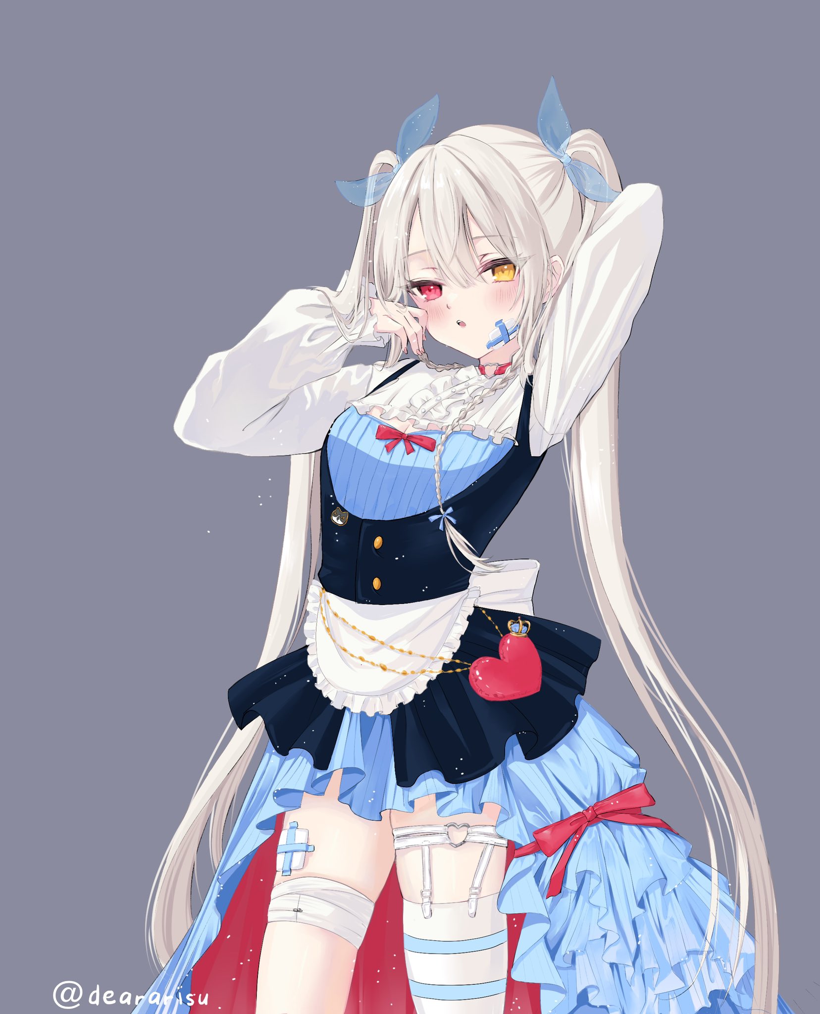dear arisu, original, commentary, english commentary, highres, 1girl, blue ribbon, blue skirt, blush, braid, breasts, choker, cleavage, cleavage cutout, clothing cutout, cowboy shot, double-parted bangs, frilled shirt, frills, gauze, gauze on cheek, gauze on face, gauze on leg, grey background, hair between eyes, hair ribbon, hand up, heart, heart choker, heterochromia, high-low skirt, long hair, long sleeves, looking at viewer, open mouth, red choker, red eyes, ribbon, shirt, simple background, skirt, small breasts, solo, thigh strap, twin braids, twintails, underbust, white hair, white shirt, yellow eyes