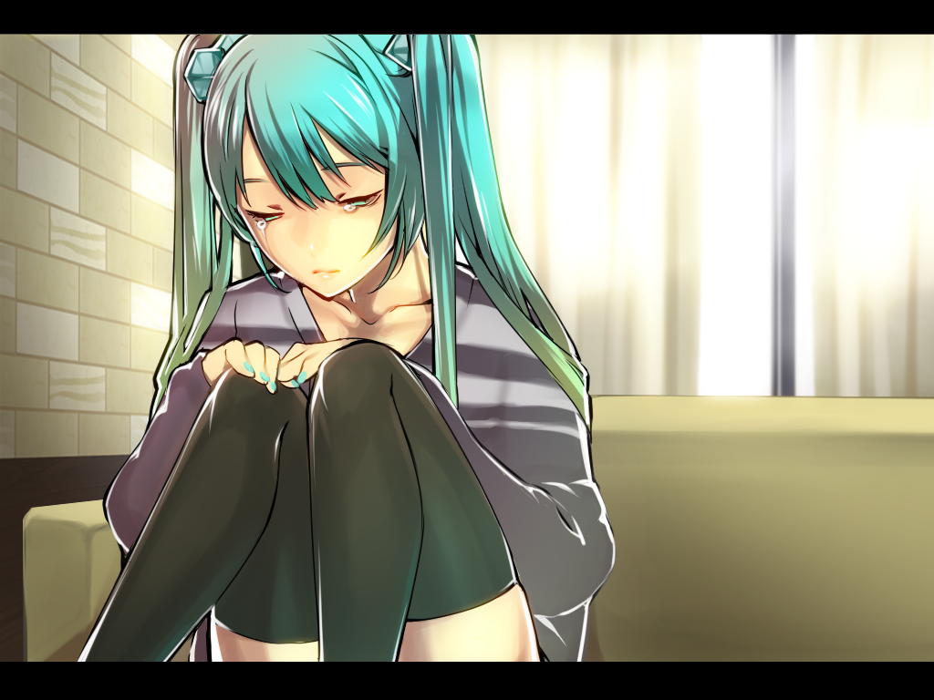 jirou (slept), hatsune miku, vocaloid, bad id, bad pixiv id, 1girl, aqua eyes, aqua hair, aqua nails, female focus, hugging own legs, knees to chest, letterboxed, long hair, nail polish, sitting, solo, tears, thighhighs, twintails