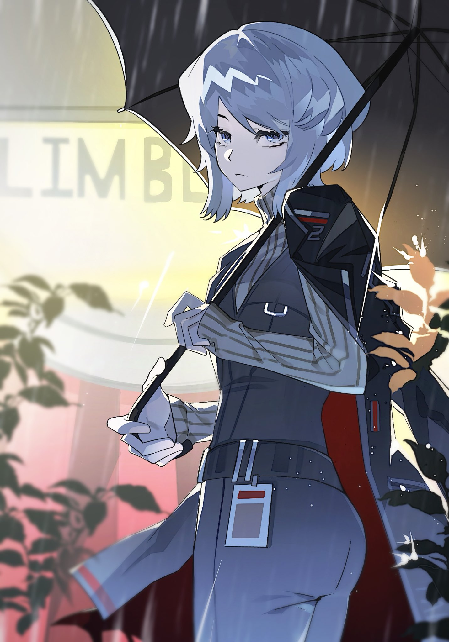 faust (project moon), limbus company, project moon, hashtag-only commentary, highres, 1girl, belt, black belt, black coat, black pants, black vest, blue eyes, brown sweater, closed mouth, coat, coat on shoulders, gala9960, hand up, holding, holding umbrella, lapels, mephistopheles (project moon), notched lapels, pants, rain, ribbed sweater, short hair, solo, sweater, turtleneck, turtleneck sweater, umbrella, vest, white hair