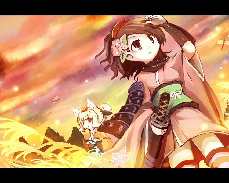 dorua (dollar), kongiku, momohime, oboro muramasa, vanillaware, silver hair, 2girls, animal ears, armor, black hair, brown eyes, bug, comb, dragonfly, field, flower, fox ears, gauntlets, hair flower, hair ornament, hair up, japanese clothes, katana, kimono, lantern, leaf, leaf on head, letterboxed, multiple girls, object on head, orange eyes, shadow, sheath, sheathed, short kimono, sword, tree, weapon, wind