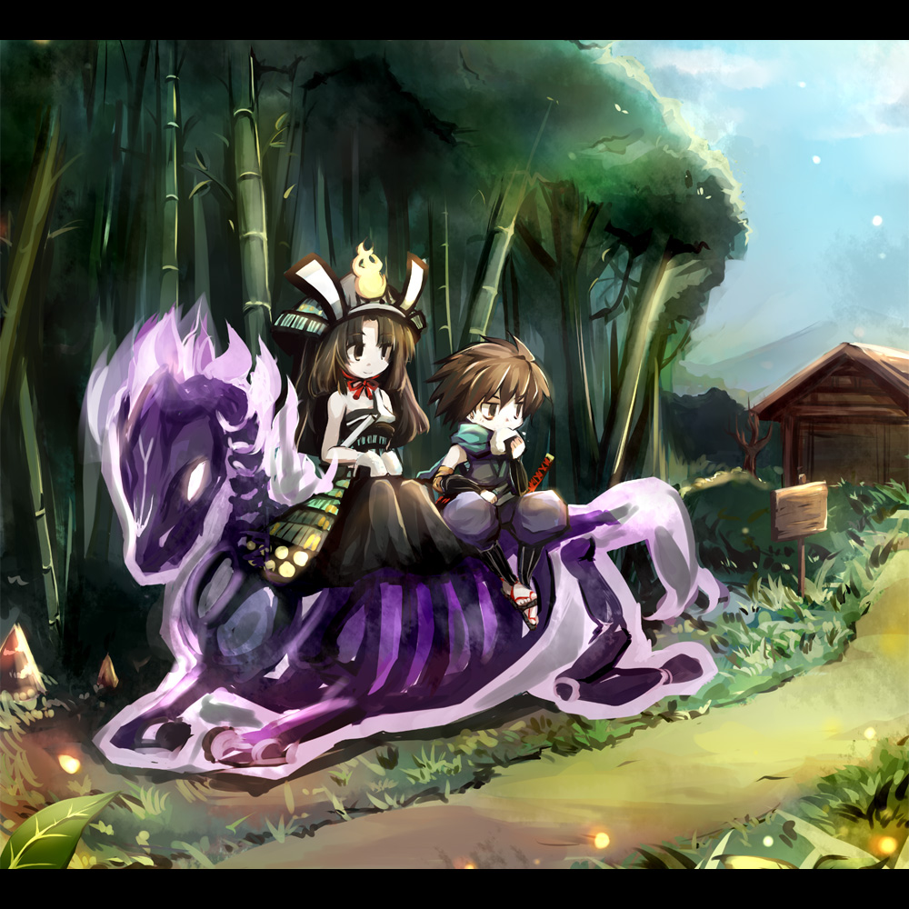 dorua (dollar), kisuke, torahime, oboro muramasa, vanillaware, 1boy, 1girl, bamboo, bamboo forest, forest, horse, japanese clothes, katana, letterboxed, nature, sheath, sheathed, sword, weapon