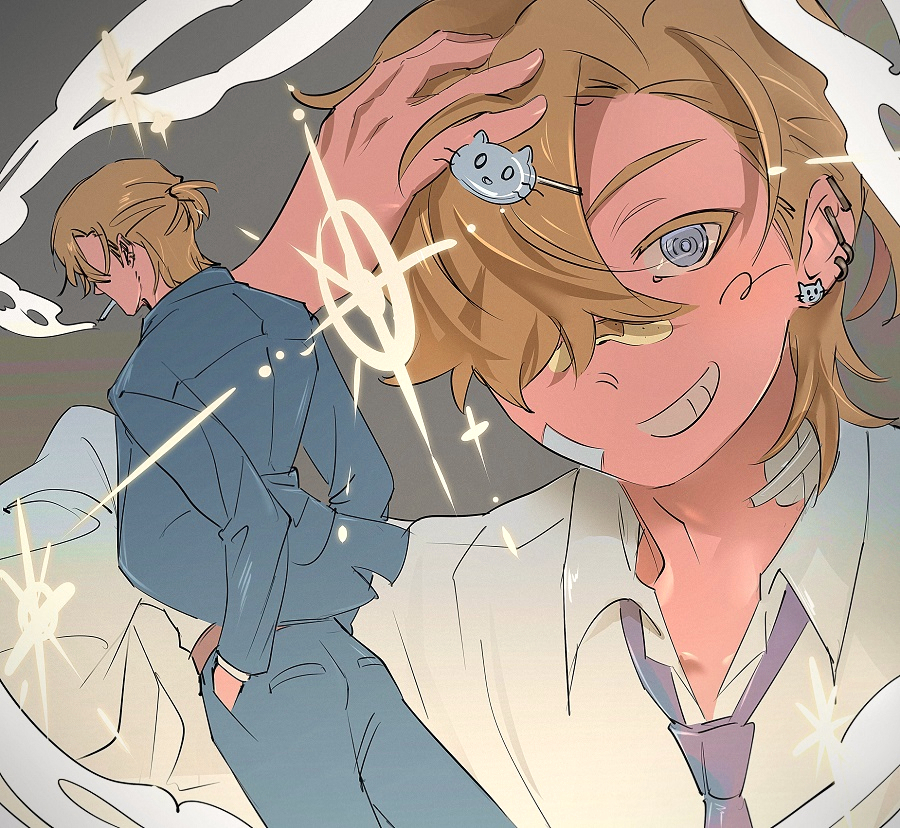 utu310, whitney (degrees of lewdity), whitney (male) (degrees of lewdity), degrees of lewdity, hashtag-only commentary, 1boy, bandaged neck, bandages, blonde hair, blue eyes, blue jacket, blue pants, collared shirt, grin, hair ornament, hair over one eye, hairclip, jacket, multiple views, necktie, pants, purple necktie, shirt, smile, white shirt