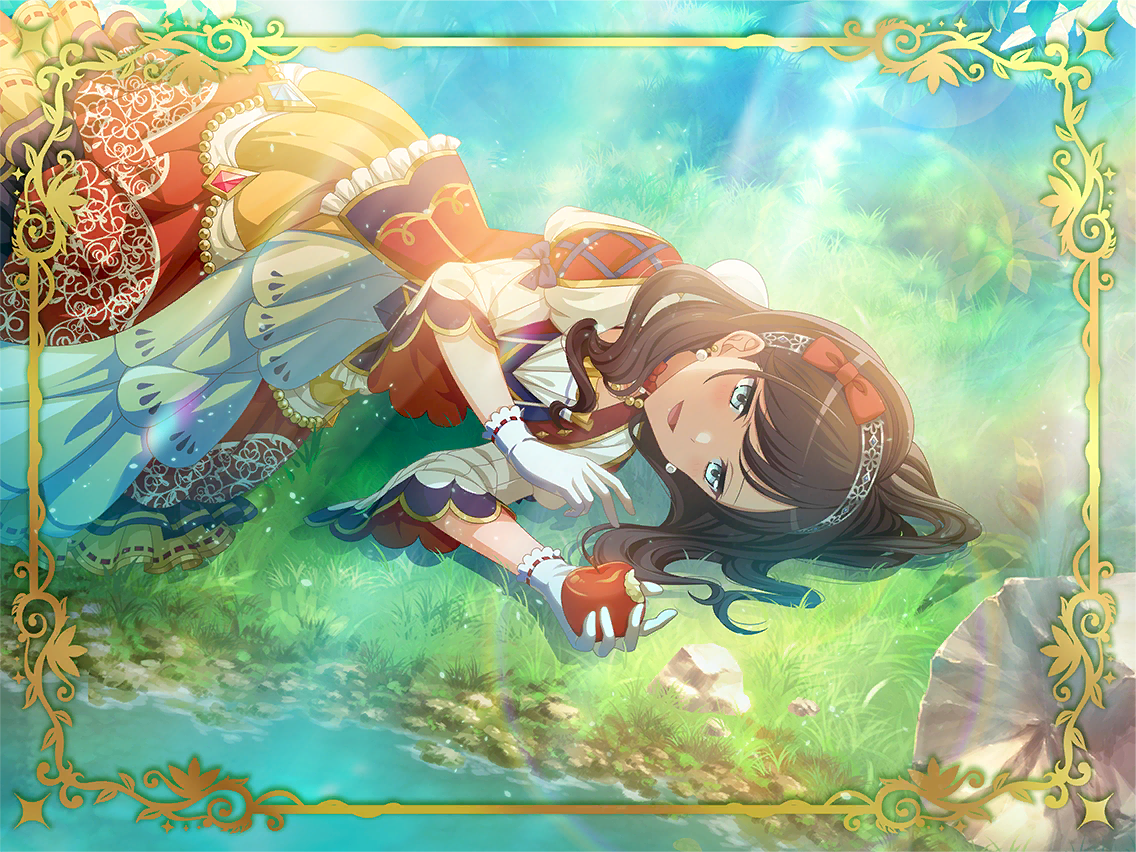 snow white (fairy tale character), yanagi koharu, shoujo kageki revue starlight, shoujo kageki revue starlight -re live-, snow white (fairy tale), game cg, official art, 1girl, apple, bite mark, black hair, blue eyes, cosplay, dress, earrings, food, fruit, gloves, hairband, holding, holding food, holding fruit, jewelry, long sleeves, lying, medium hair, on ground, on side, open mouth, snow white (fairy tale character) (cosplay), solo, upper body, white dress, white gloves