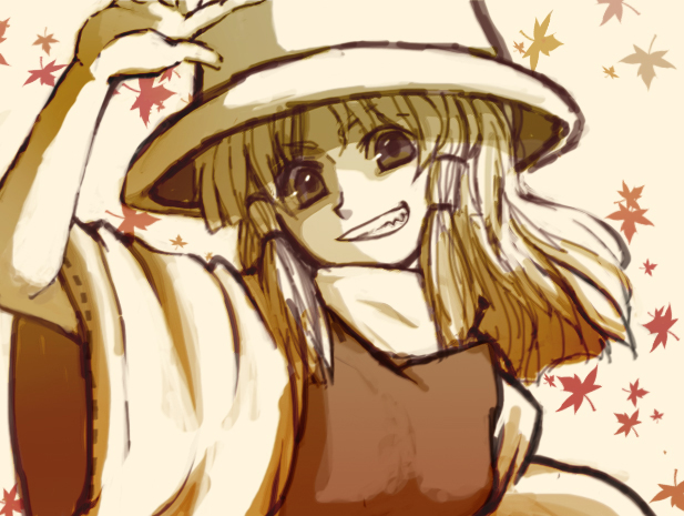 kadotarou, moriya suwako, touhou, bad id, bad pixiv id, 1girl, female focus, grin, hat, leaf, maple leaf, monochrome, sepia, smile, solo, spot color