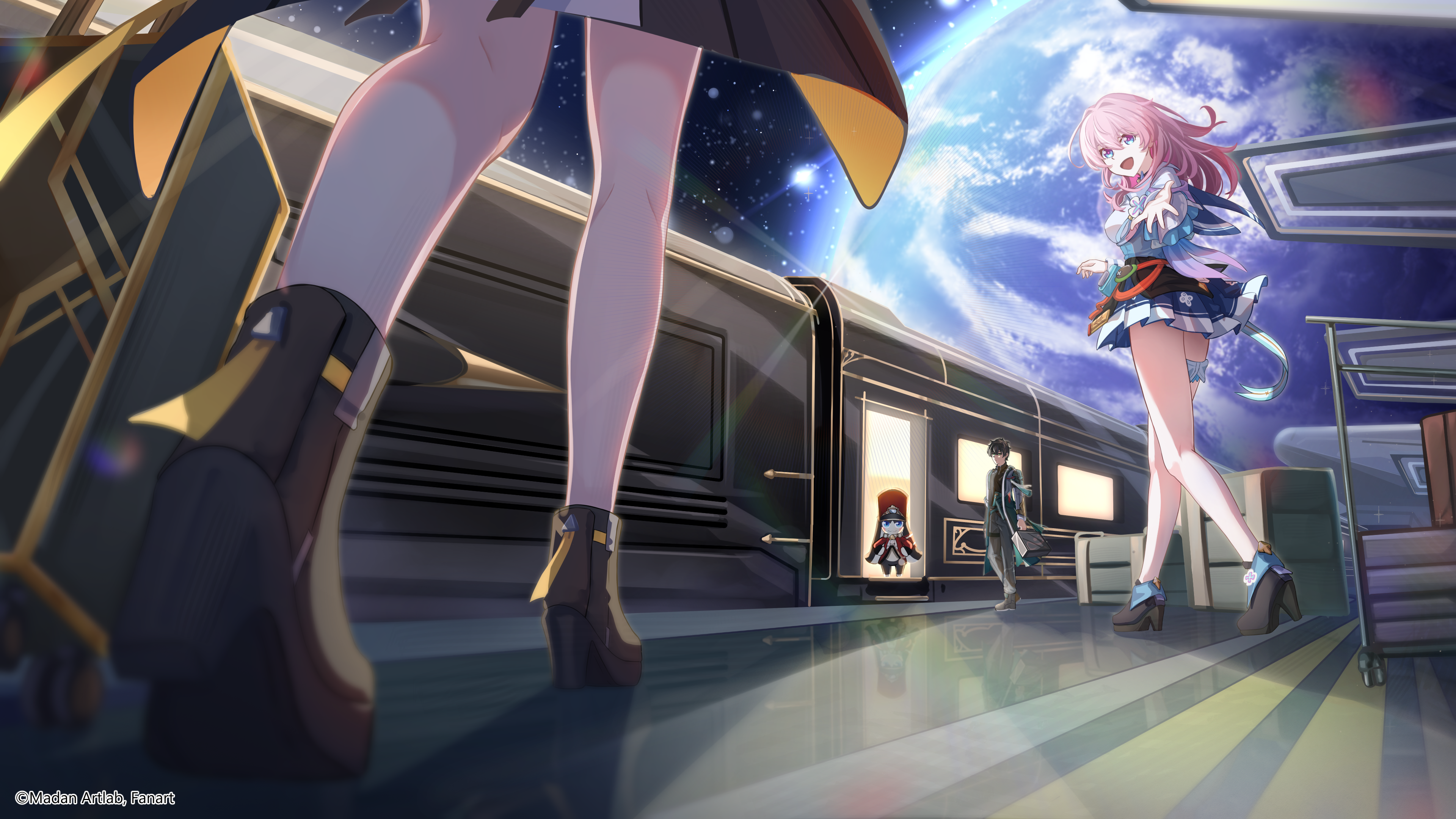 wildanhaq78, dan heng (honkai: star rail), dan heng (hunt) (honkai: star rail), march 7th (honkai: star rail), march 7th (preservation) (honkai: star rail), pom-pom (honkai: star rail), stelle (honkai: star rail), trailblazer (honkai: star rail), honkai: star rail, honkai (series), absurdres, commentary, english commentary, highres, 1boy, 1other, 2girls, alternate hair length, alternate hairstyle, ankle boots, artist name, black boots, black overskirt, blue boots, blue eyes, blue jacket, blue skirt, boots, camera, flower ornament, fold-over boots, from below, high heels, jacket, long hair, long sleeves, miniskirt, multicolored boots, multicolored eyes, multiple girls, open hand, open mouth, overskirt, pink eyes, pink hair, pink pupils, planet, pleated skirt, shirt, skirt, smile, thigh strap, train, two-tone boots, two-tone eyes, underbust, white shirt