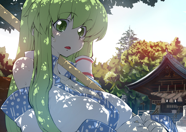 hidori (hibi toridori), kochiya sanae, touhou, 1girl, bamboo broom, breasts, broom, cleavage, dappled sunlight, day, detached sleeves, female focus, gohei, green eyes, green hair, huge breasts, japanese clothes, long hair, matching hair/eyes, miko, nature, shade, shrine, sky, solo, staring, sunlight, sweat, tree