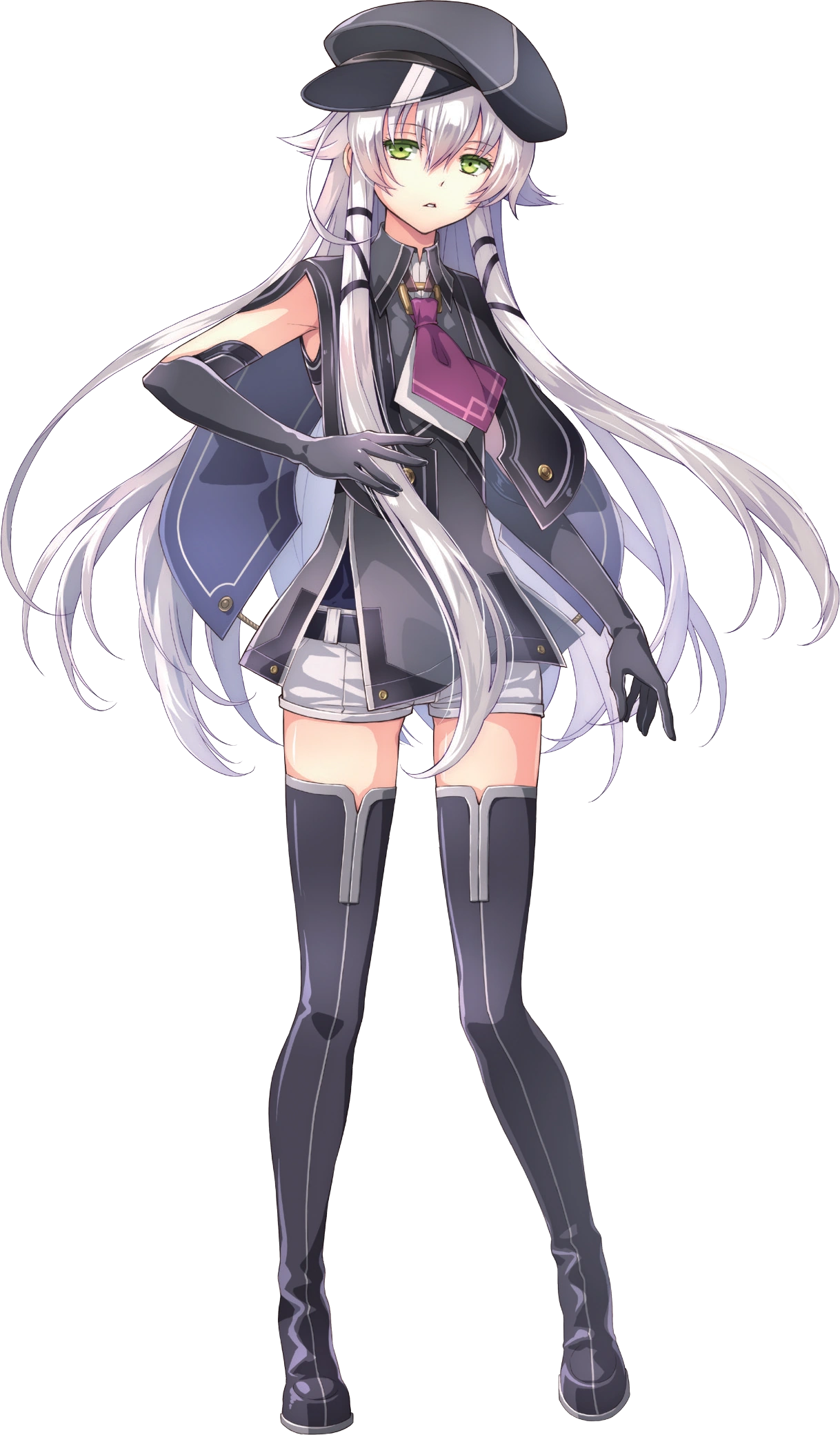 altina orion, eiyuu densetsu, sen no kiseki, sen no kiseki (series), sen no kiseki iv, commentary request, highres, official art, 1girl, artist name, black boots, black gloves, black hat, boots, breasts, double-parted bangs, elbow gloves, flat cap, full body, gloves, green eyes, hair between eyes, hat, long hair, looking at viewer, shorts, simple background, small breasts, solo, tachi-e, thigh boots, two side up, white background, white hair