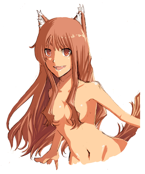ochakai shin'ya, pureazn, holo, spice and wolf, bad deviantart id, bad id, 00s, 1girl, animal ears, censored, convenient censoring, fang, female focus, hair censor, hair over breasts, long hair, nude, red hair, smile, solo, tail, wolf ears, wolf tail