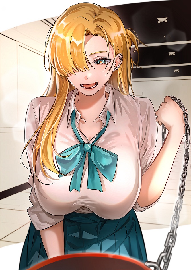 utu310, whitney (degrees of lewdity), whitney (female) (degrees of lewdity), degrees of lewdity, commentary, symbol-only commentary, 1girl, blonde hair, blue eyes, blue skirt, breasts, hair over one eye, large breasts, leash, long hair, looking at viewer, open mouth, pleated skirt, pov, school uniform, shirt, skirt, solo, viewer on leash, white shirt